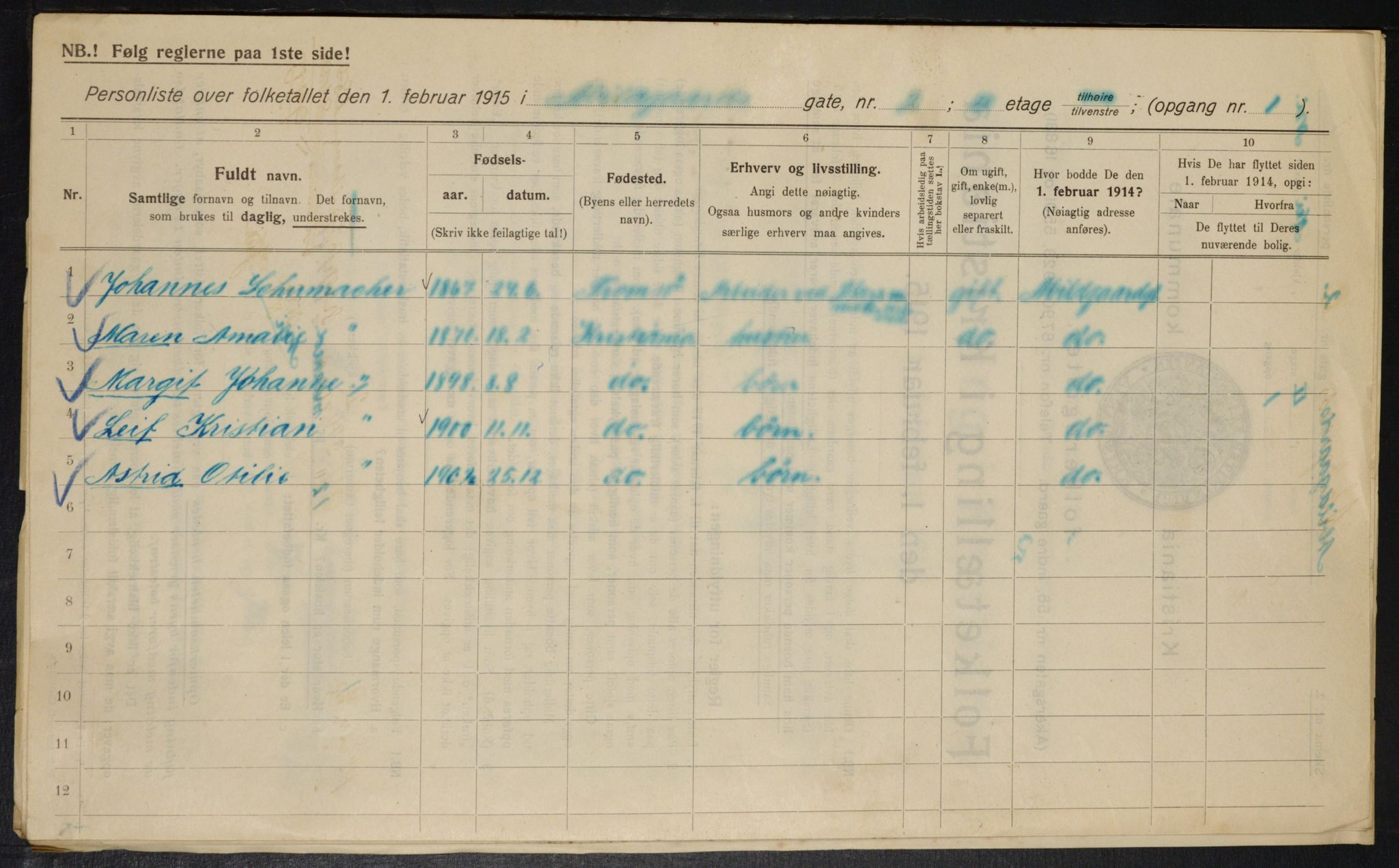 OBA, Municipal Census 1915 for Kristiania, 1915, p. 6