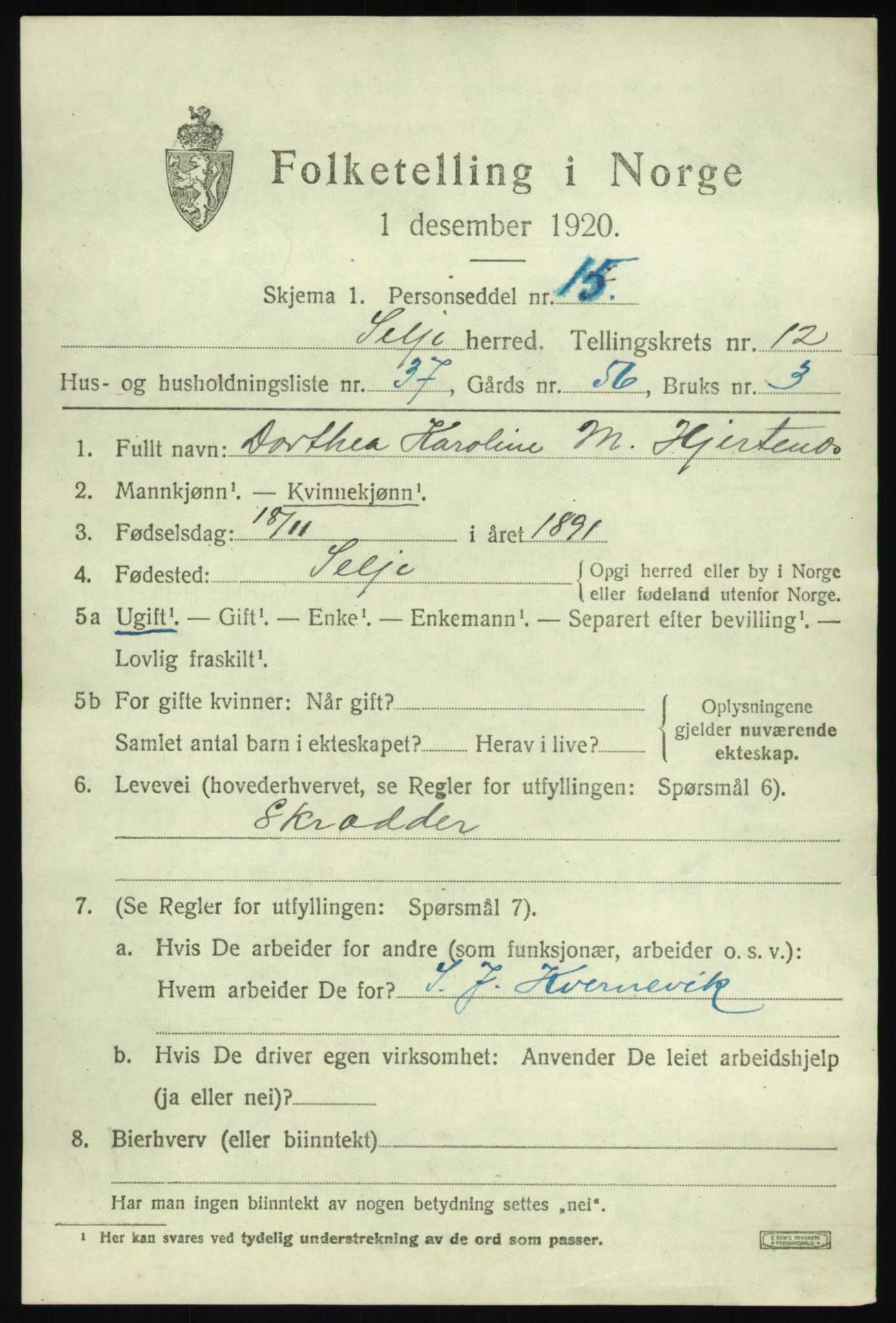 SAB, 1920 census for Selje, 1920, p. 5627