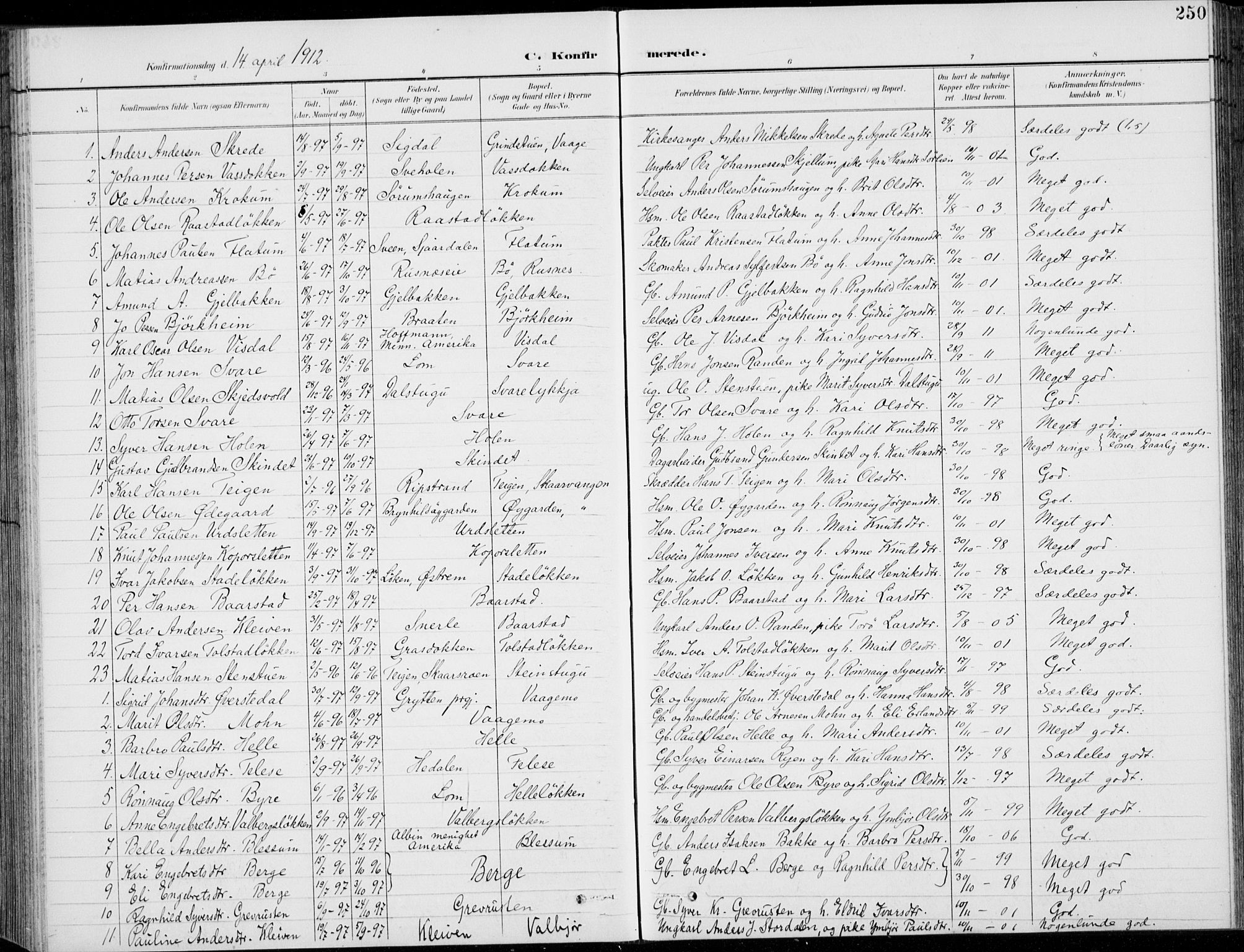 Vågå prestekontor, AV/SAH-PREST-076/H/Ha/Hab/L0002: Parish register (copy) no. 2, 1894-1939, p. 250
