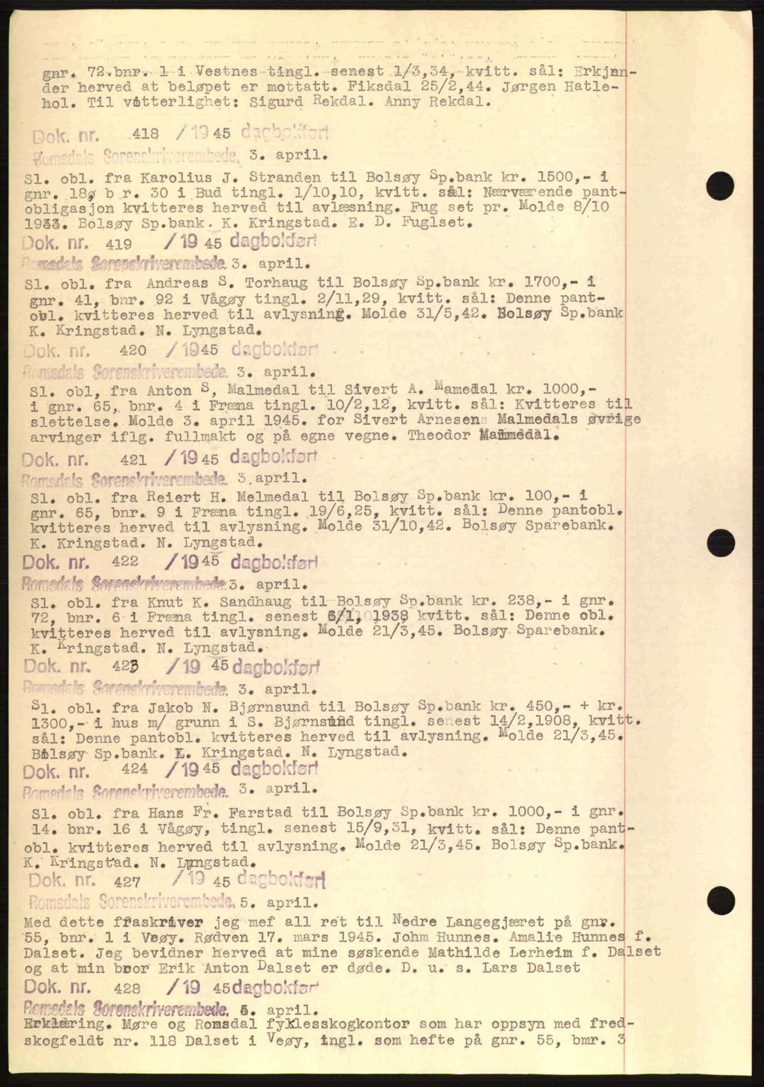 Romsdal sorenskriveri, AV/SAT-A-4149/1/2/2C: Mortgage book no. C1a, 1936-1945, Diary no: : 418/1945