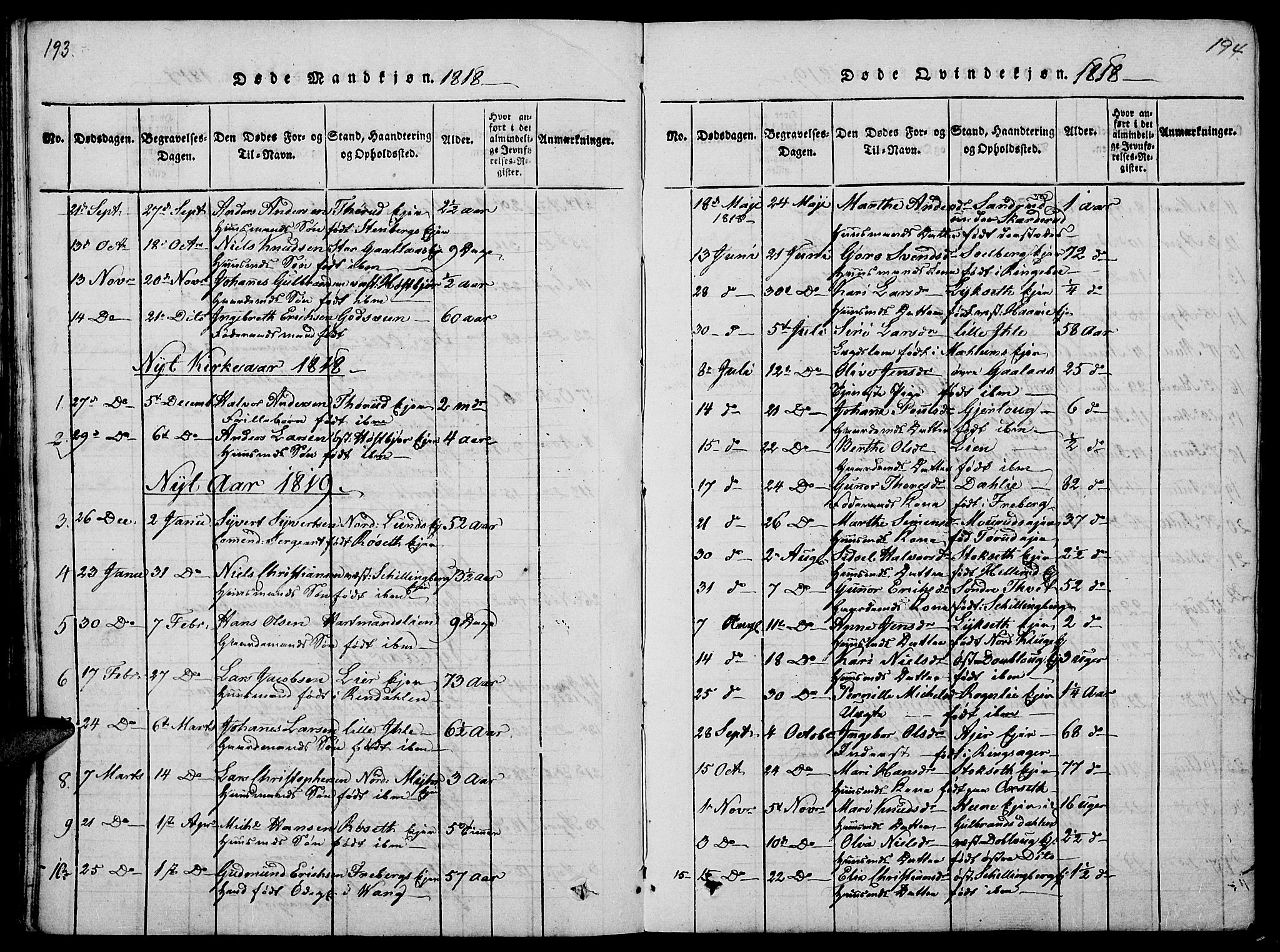 Vang prestekontor, Hedmark, AV/SAH-PREST-008/H/Ha/Haa/L0008: Parish register (official) no. 8, 1815-1826, p. 193-194