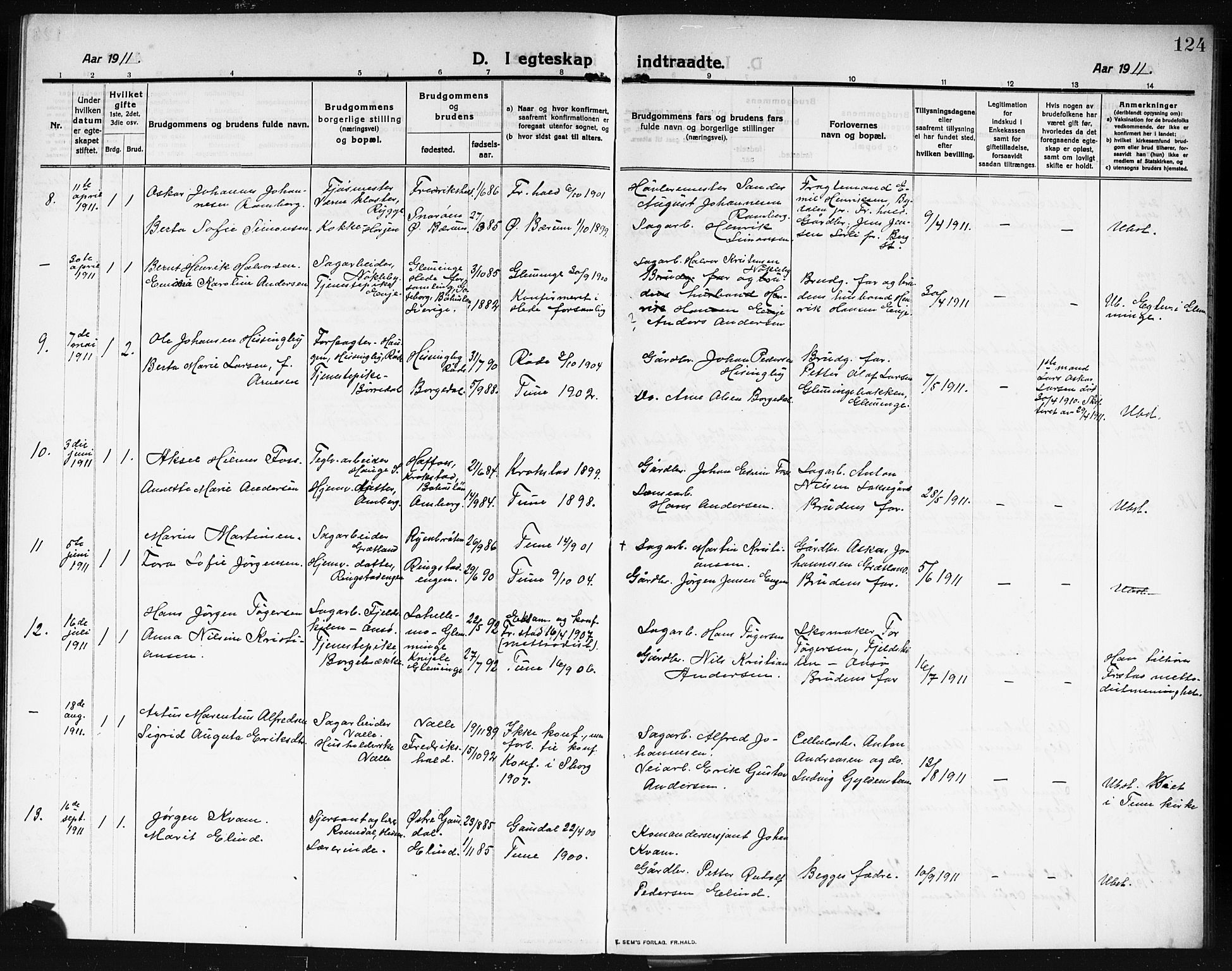 Rolvsøy prestekontor Kirkebøker, AV/SAO-A-2004/G/Ga/L0001: Parish register (copy) no. 1, 1911-1920, p. 124