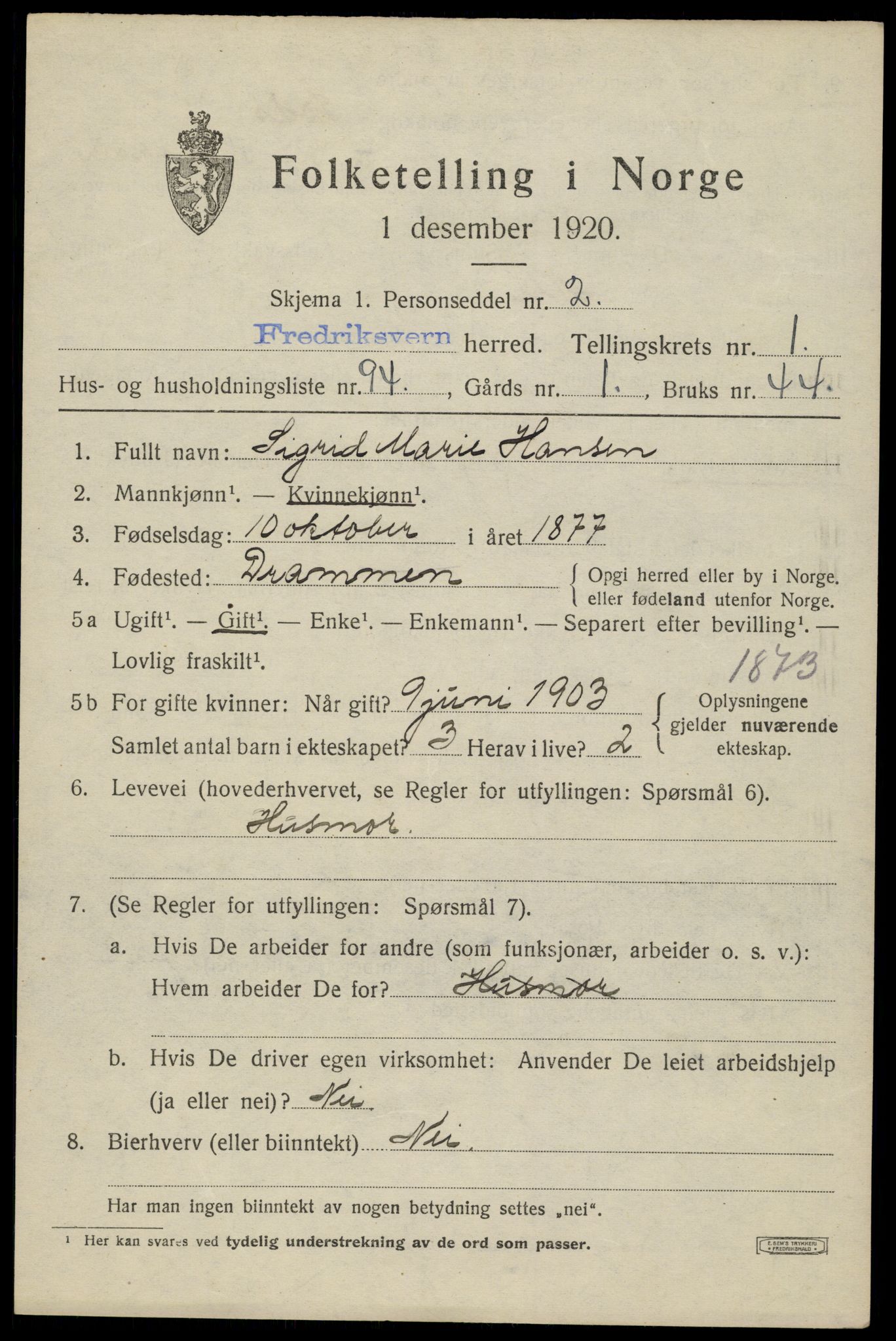 SAKO, 1920 census for Fredriksvern, 1920, p. 979