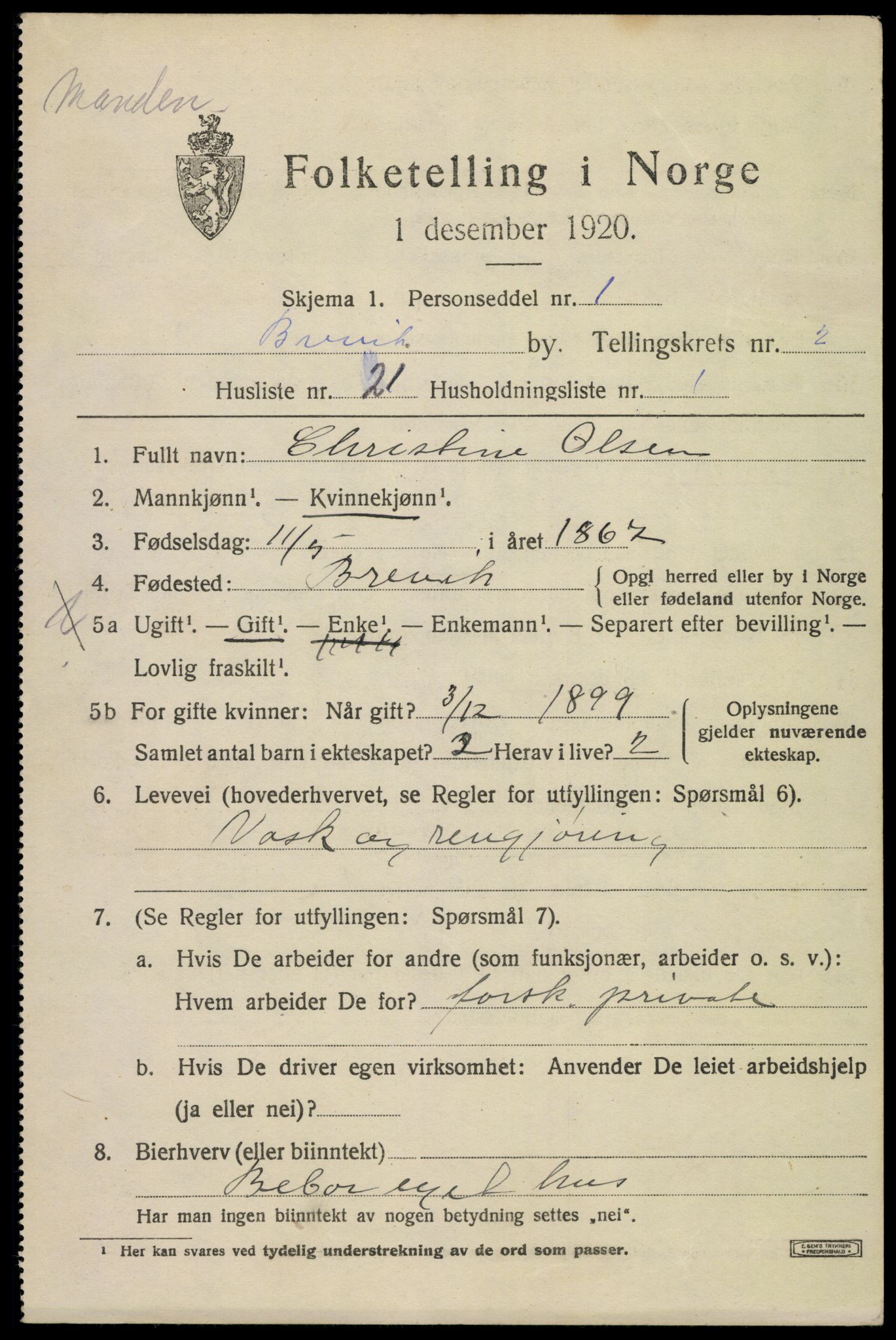 SAKO, 1920 census for Brevik, 1920, p. 3868