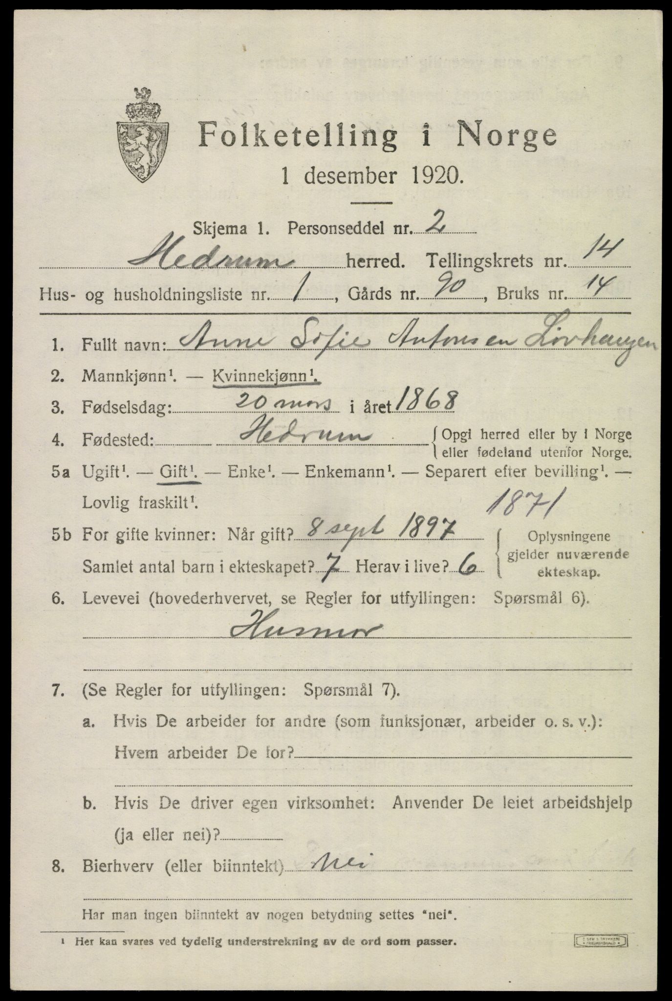 SAKO, 1920 census for Hedrum, 1920, p. 9097