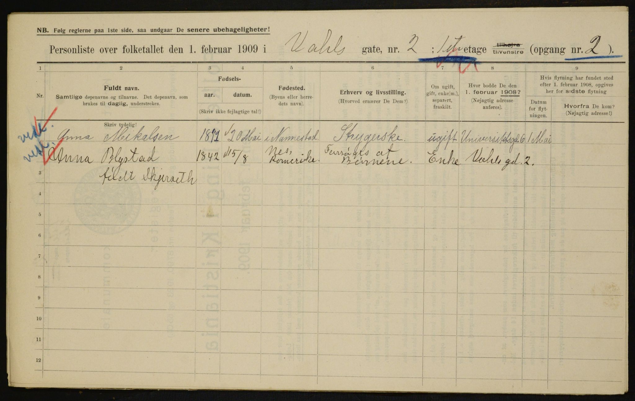 OBA, Municipal Census 1909 for Kristiania, 1909, p. 110217