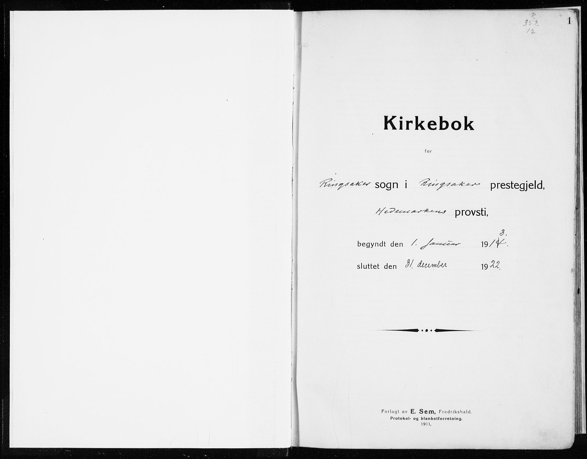 Ringsaker prestekontor, AV/SAH-PREST-014/K/Ka/L0020: Parish register (official) no. 20, 1913-1922, p. 1