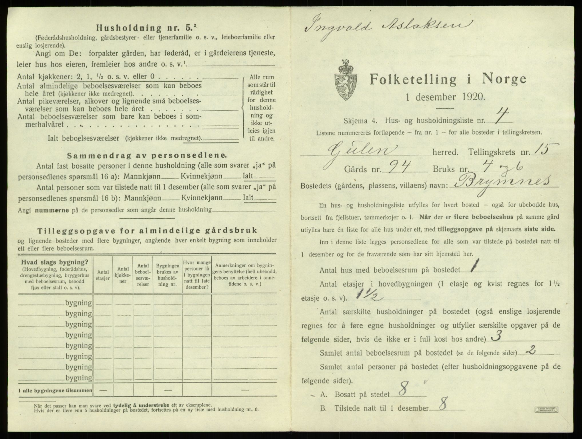 SAB, 1920 census for Gulen, 1920, p. 926