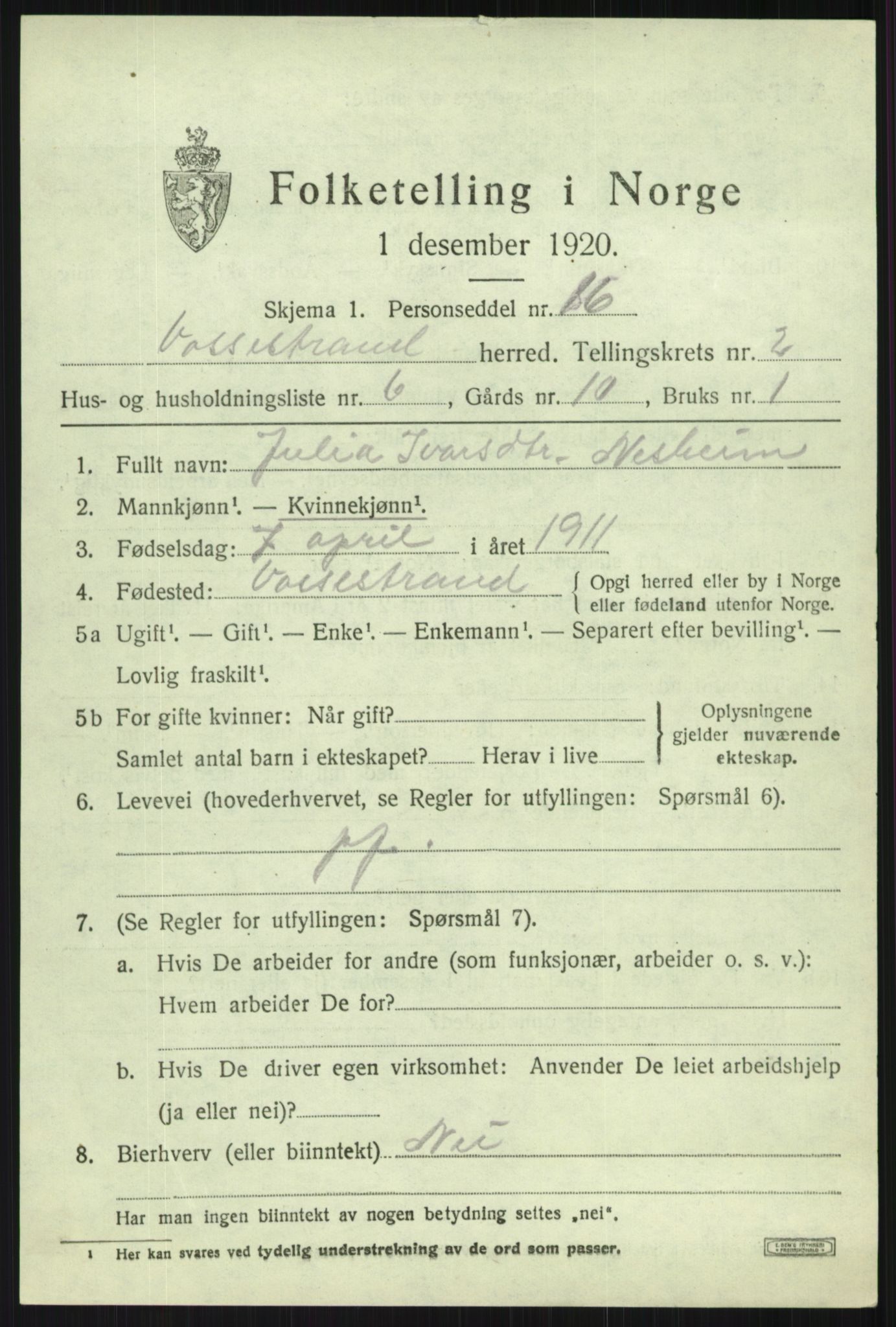 SAB, 1920 census for Vossestrand, 1920, p. 1194