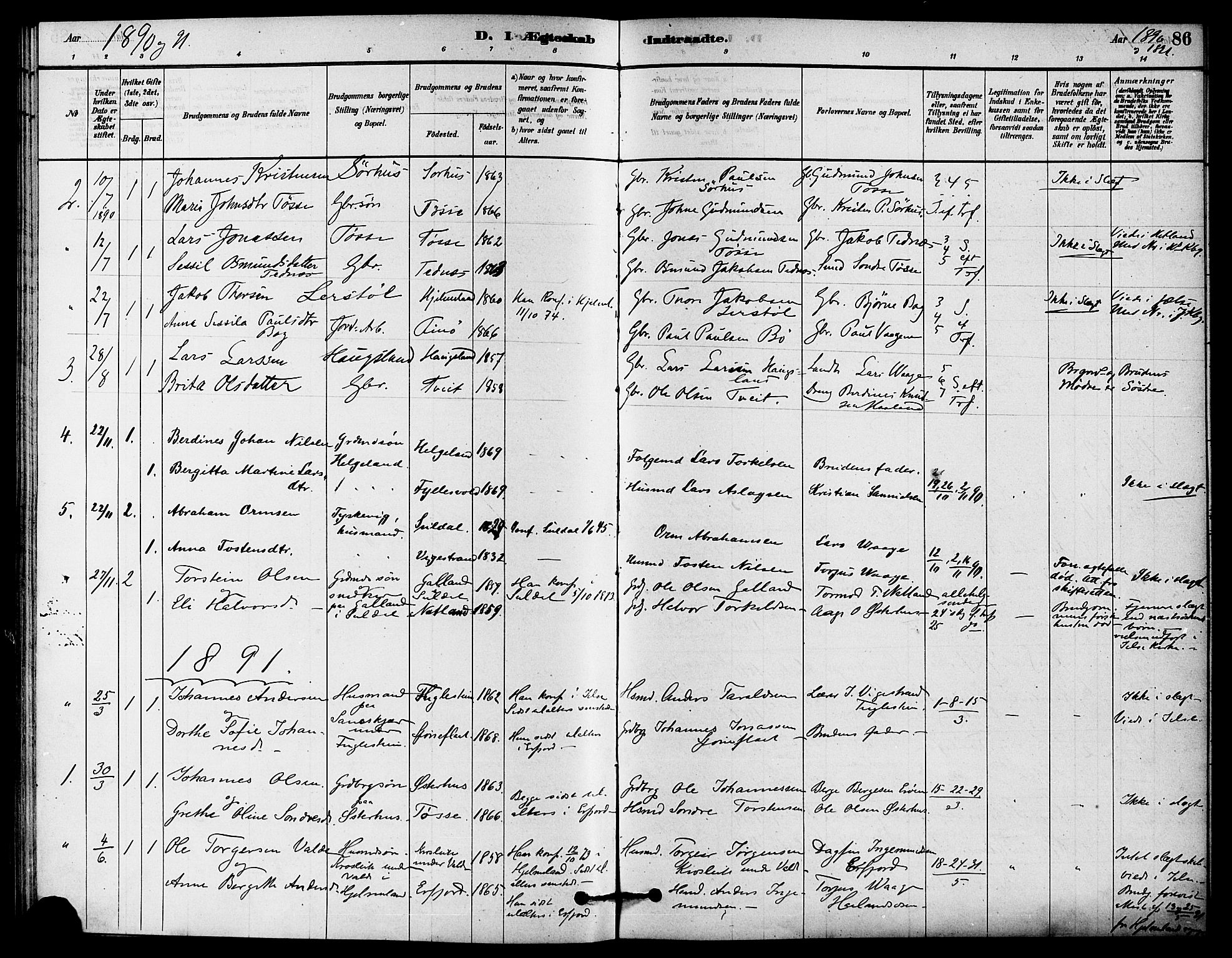 Jelsa sokneprestkontor, SAST/A-101842/01/IV: Parish register (official) no. A 9, 1878-1898, p. 86