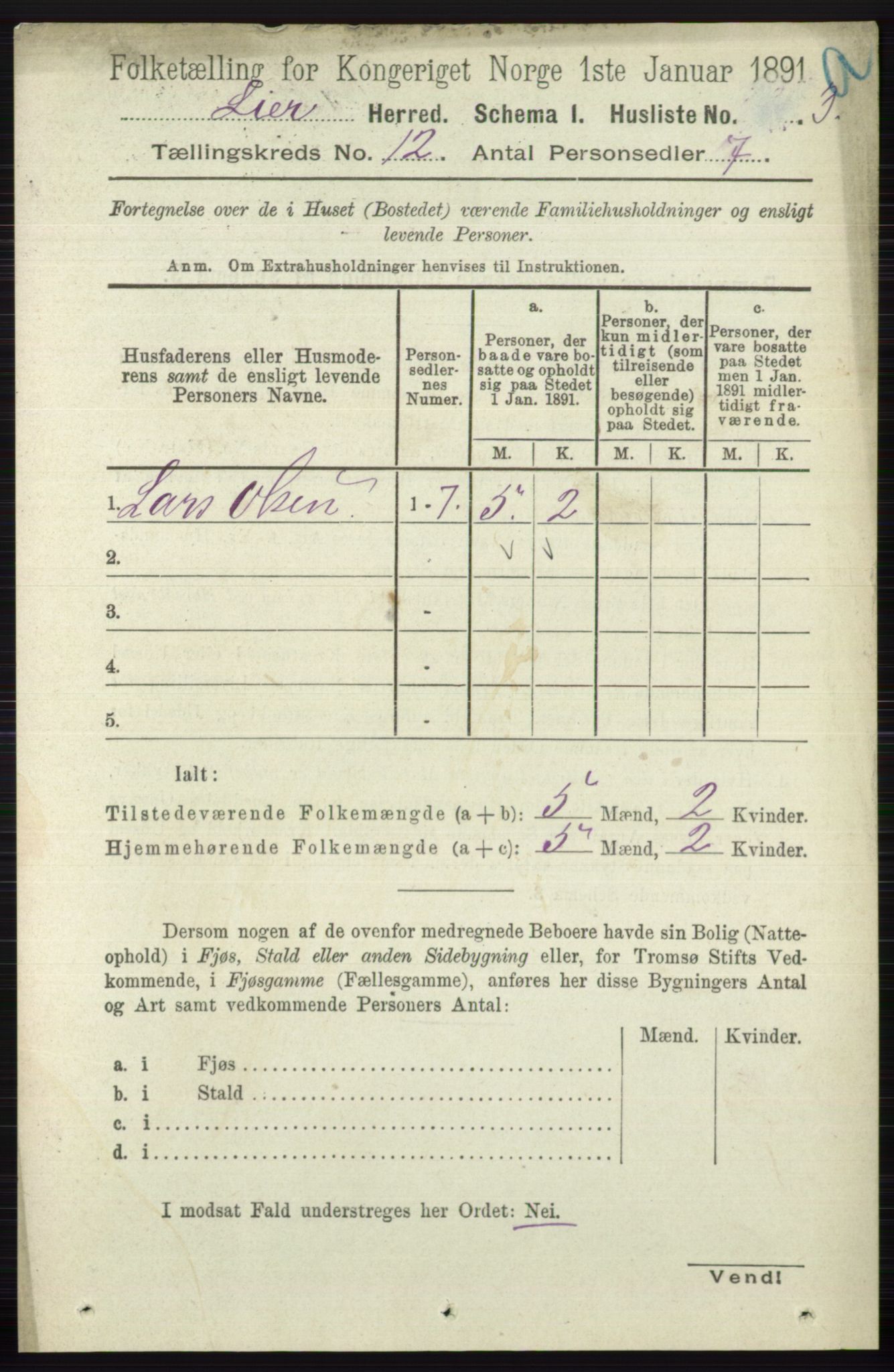 RA, 1891 census for 0626 Lier, 1891, p. 7283