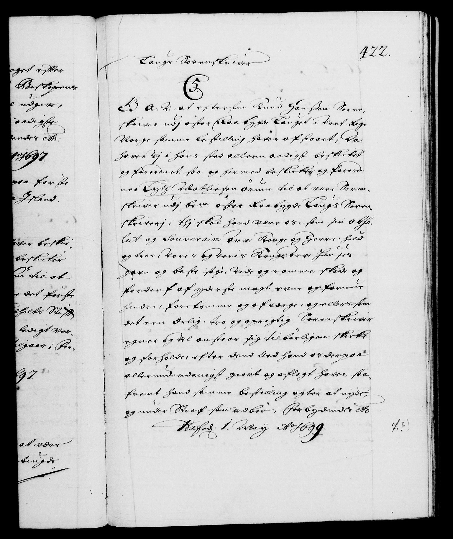 Danske Kanselli 1572-1799, AV/RA-EA-3023/F/Fc/Fca/Fcaa/L0016: Norske registre (mikrofilm), 1692-1697, p. 422a