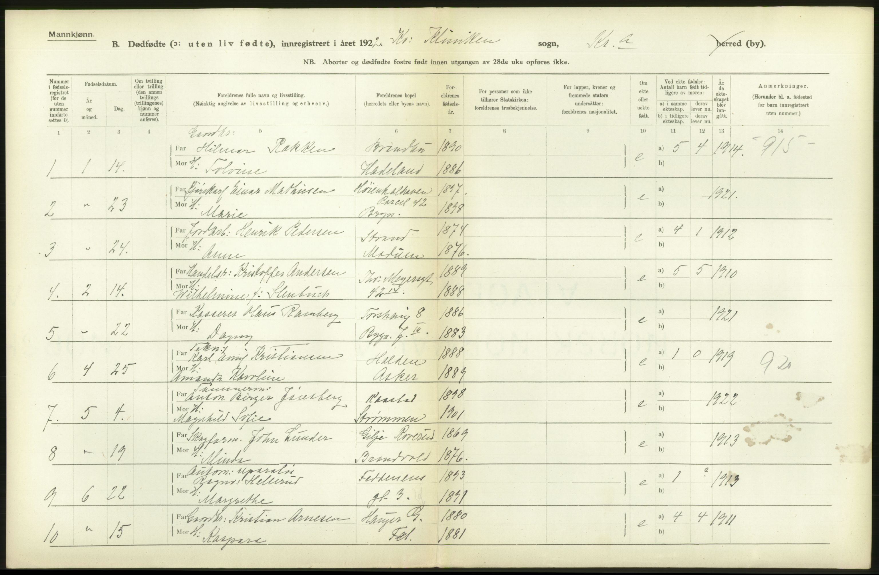 Statistisk sentralbyrå, Sosiodemografiske emner, Befolkning, AV/RA-S-2228/D/Df/Dfc/Dfcb/L0010: Kristiania: Døde, dødfødte, 1922, p. 34