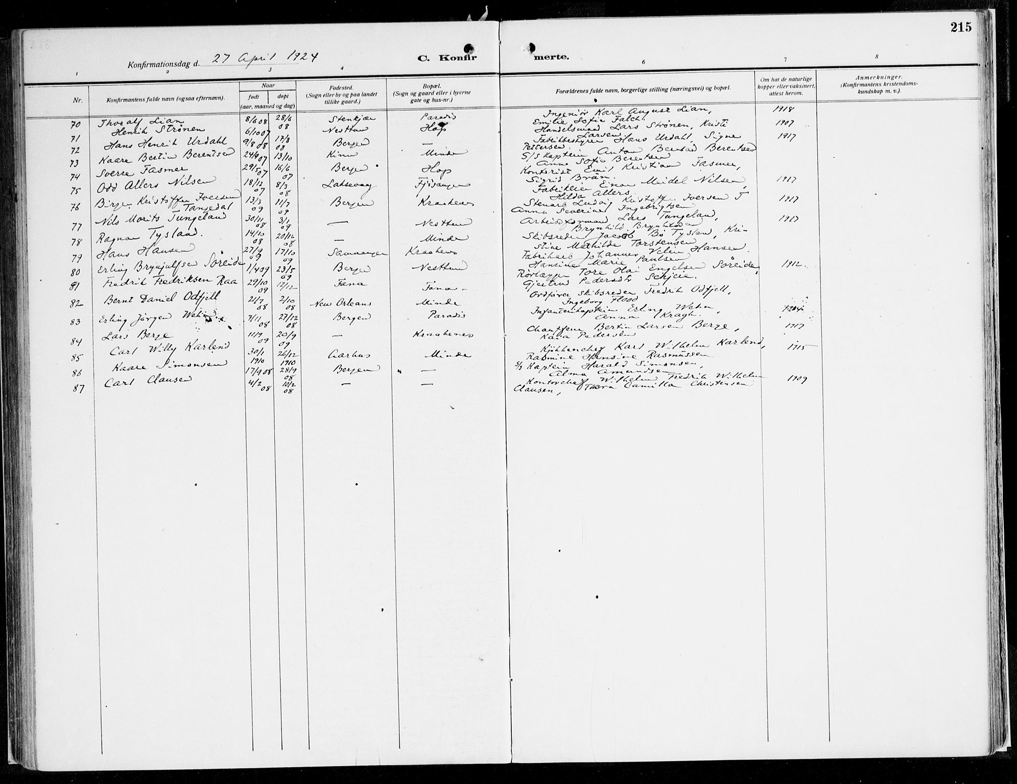 Fana Sokneprestembete, AV/SAB-A-75101/H/Haa/Haaj/L0001: Parish register (official) no. J 1, 1921-1935, p. 215