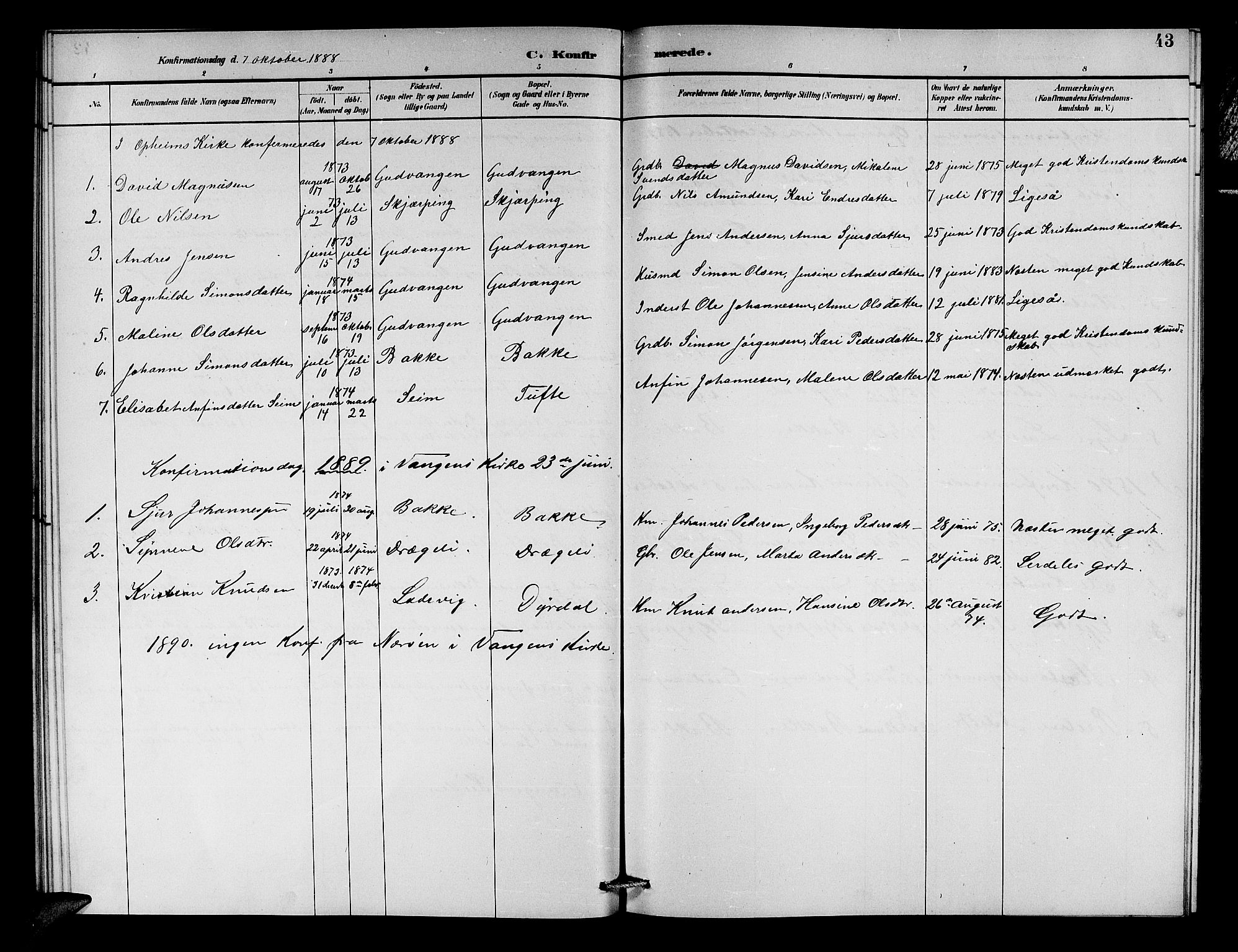 Aurland sokneprestembete, SAB/A-99937/H/Hb/Hbc/L0002: Parish register (copy) no. C 2, 1883-1900, p. 43