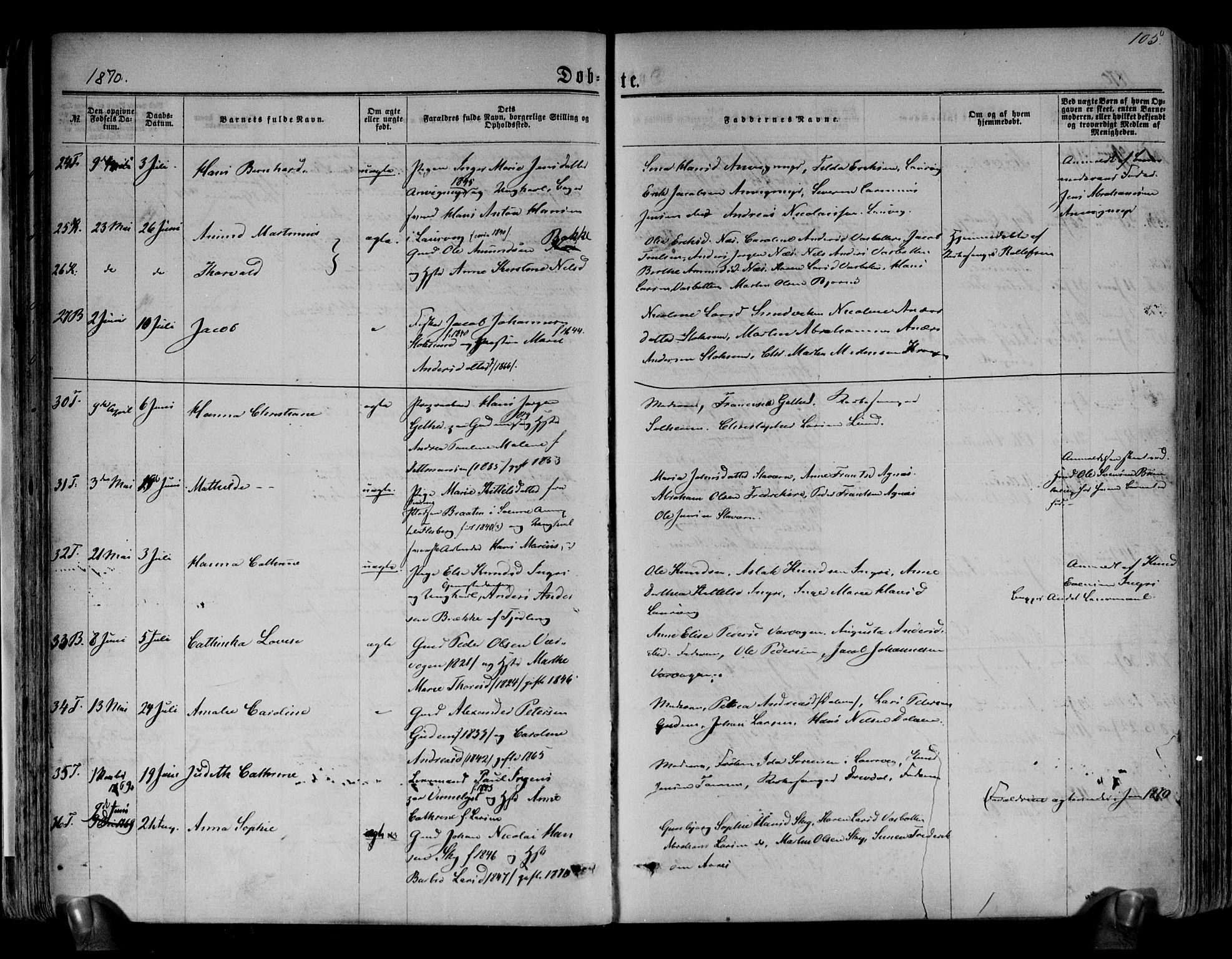 Brunlanes kirkebøker, AV/SAKO-A-342/F/Fa/L0005: Parish register (official) no. I 5, 1862-1877, p. 105