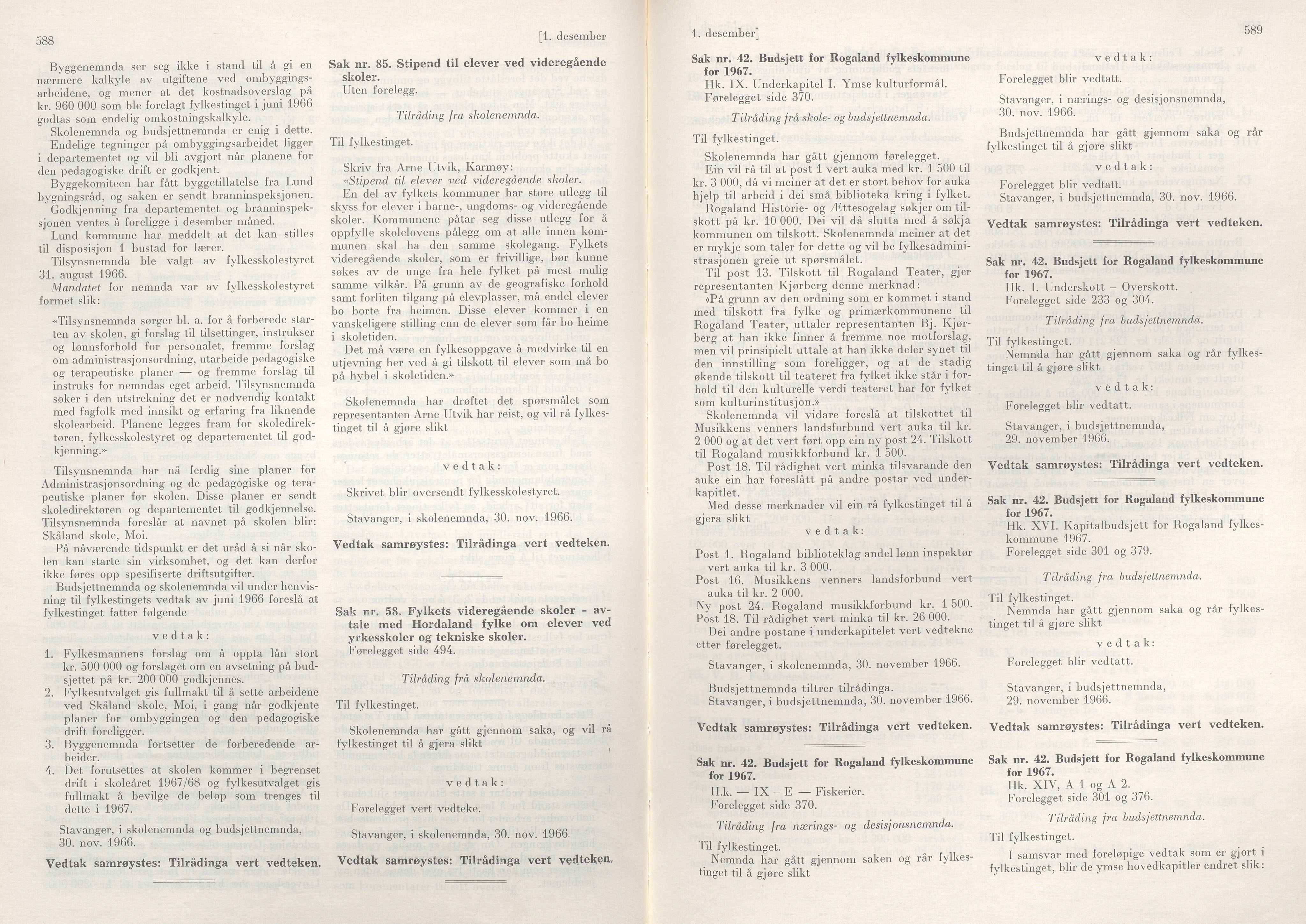 Rogaland fylkeskommune - Fylkesrådmannen , IKAR/A-900/A/Aa/Aaa/L0086: Møtebok , 1966, p. 588-589