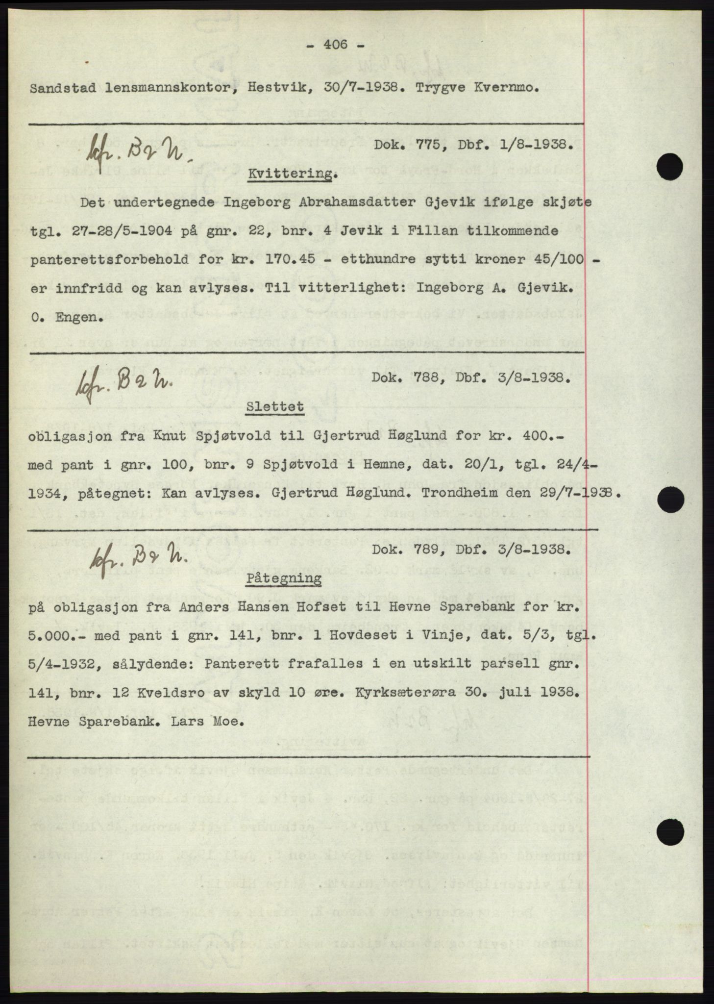 Hitra sorenskriveri, AV/SAT-A-0018/2/2C/2Ca: Mortgage book no. C1, 1936-1945, Diary no: : 775/1938