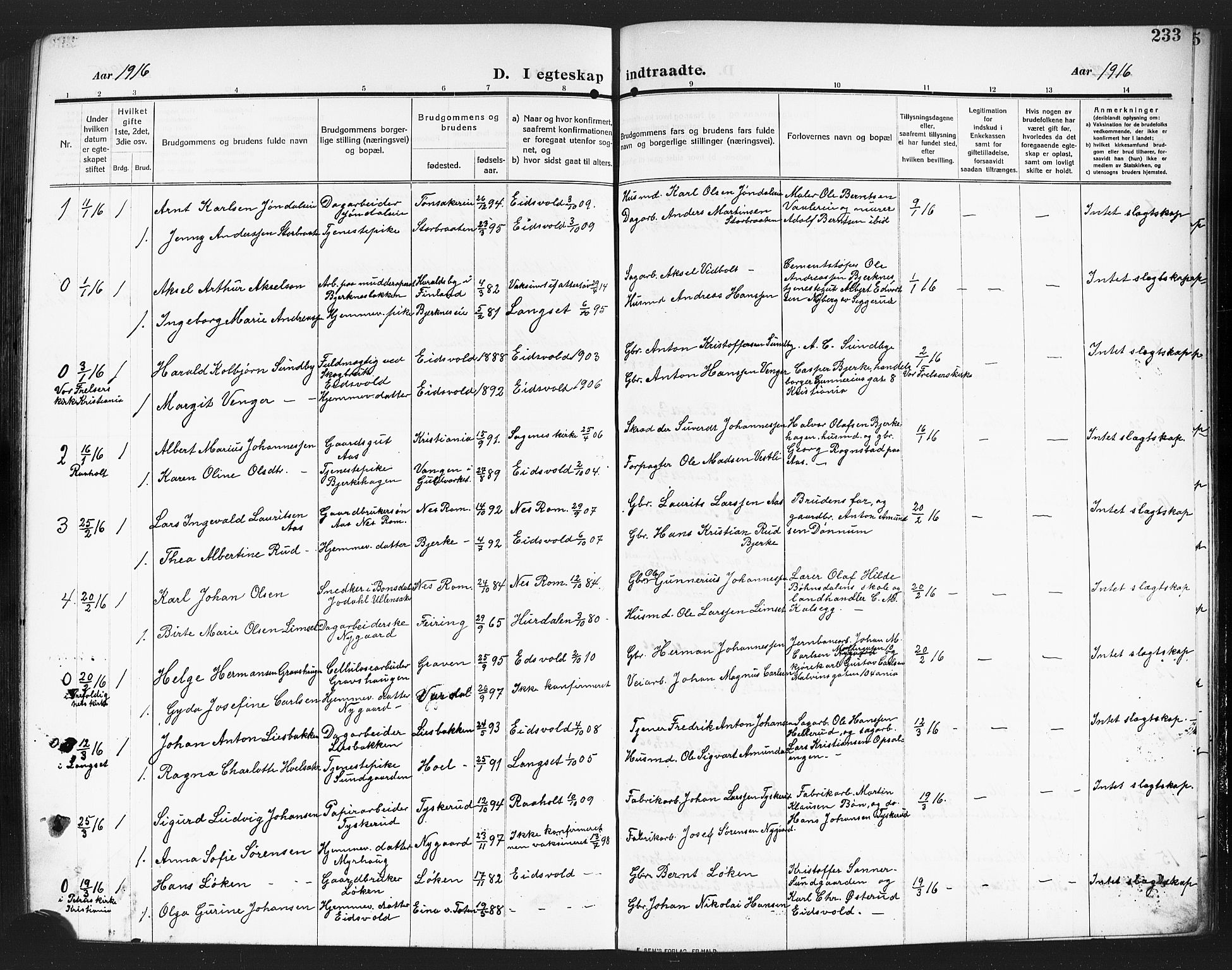 Eidsvoll prestekontor Kirkebøker, SAO/A-10888/G/Ga/L0008: Parish register (copy) no. I 8, 1909-1918, p. 233