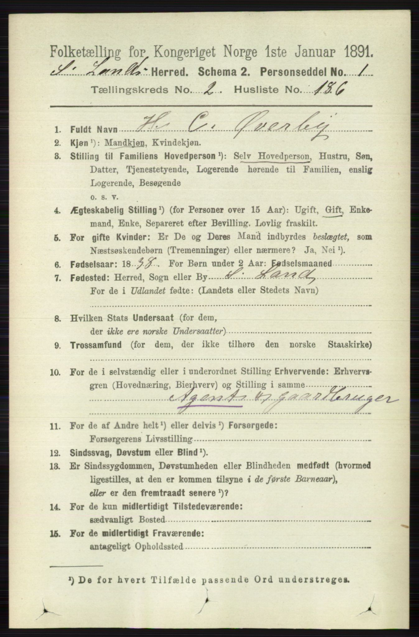 RA, 1891 census for 0536 Søndre Land, 1891, p. 2211