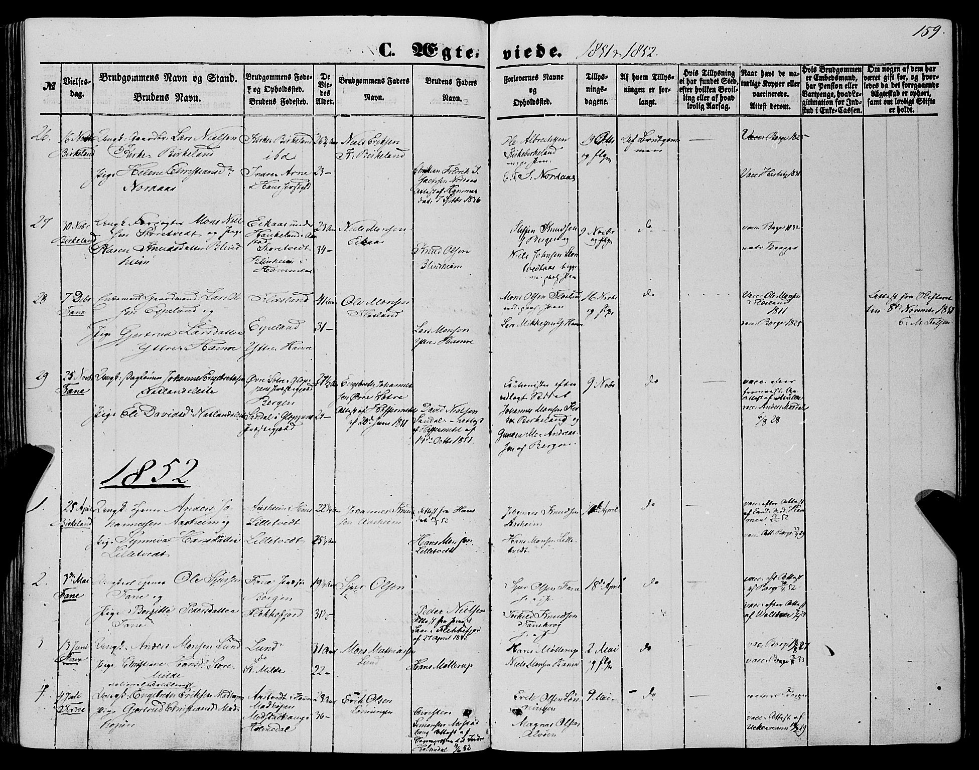 Fana Sokneprestembete, SAB/A-75101/H/Haa/Haaa/L0011: Parish register (official) no. A 11, 1851-1862, p. 159