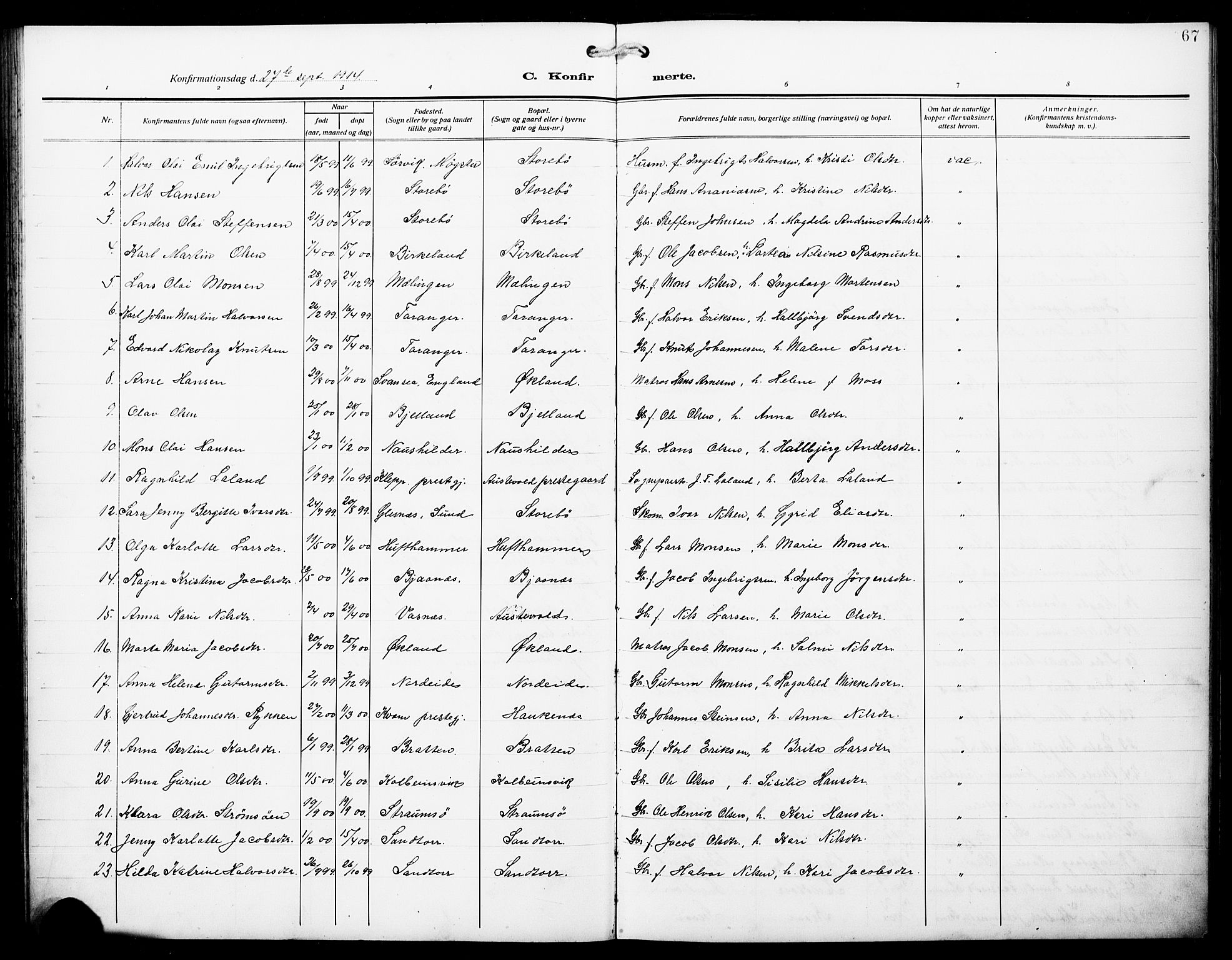 Austevoll Sokneprestembete, SAB/A-74201/H/Hab: Parish register (copy) no. A 5, 1913-1925, p. 67