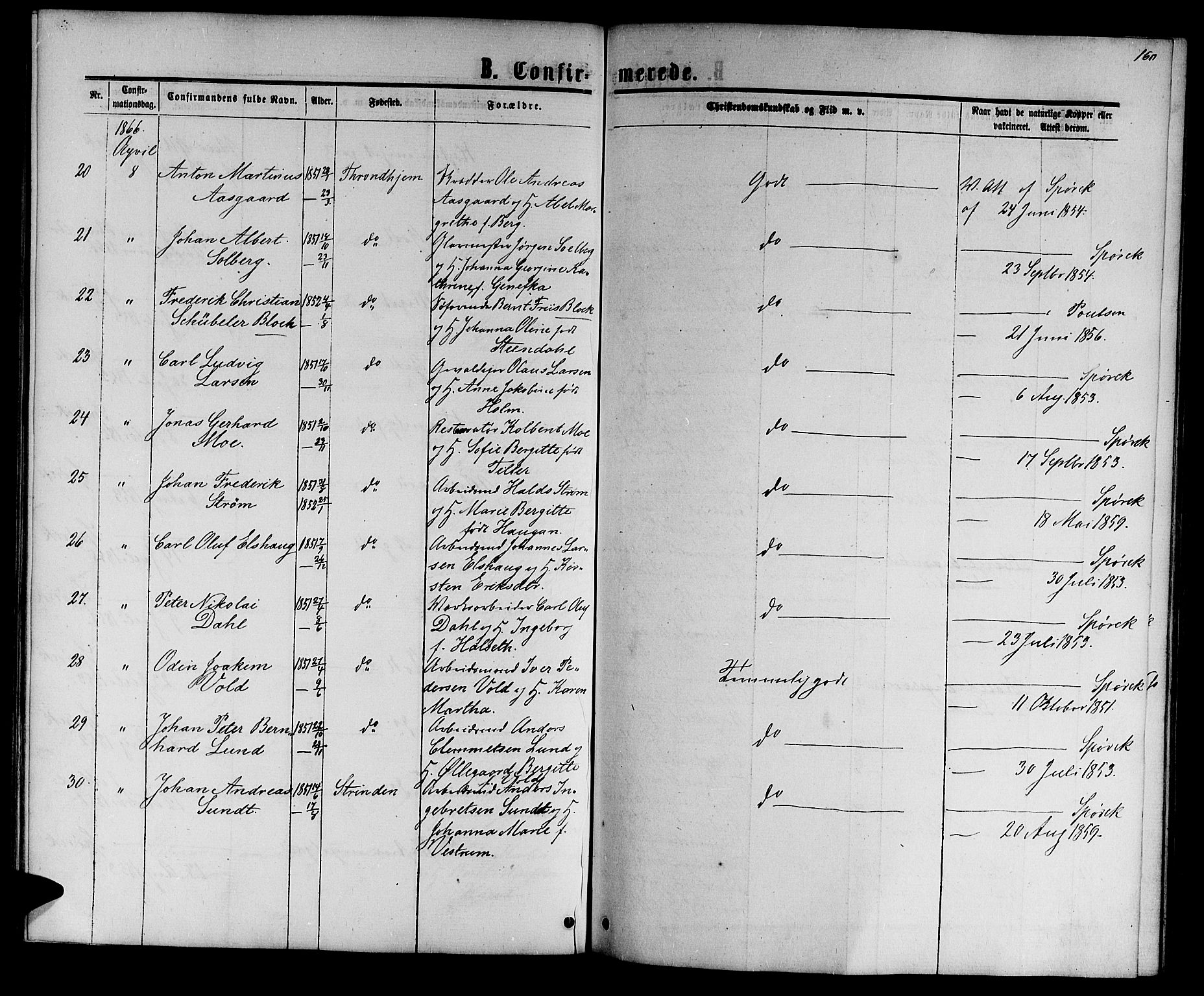 Ministerialprotokoller, klokkerbøker og fødselsregistre - Sør-Trøndelag, AV/SAT-A-1456/601/L0087: Parish register (copy) no. 601C05, 1864-1881, p. 160