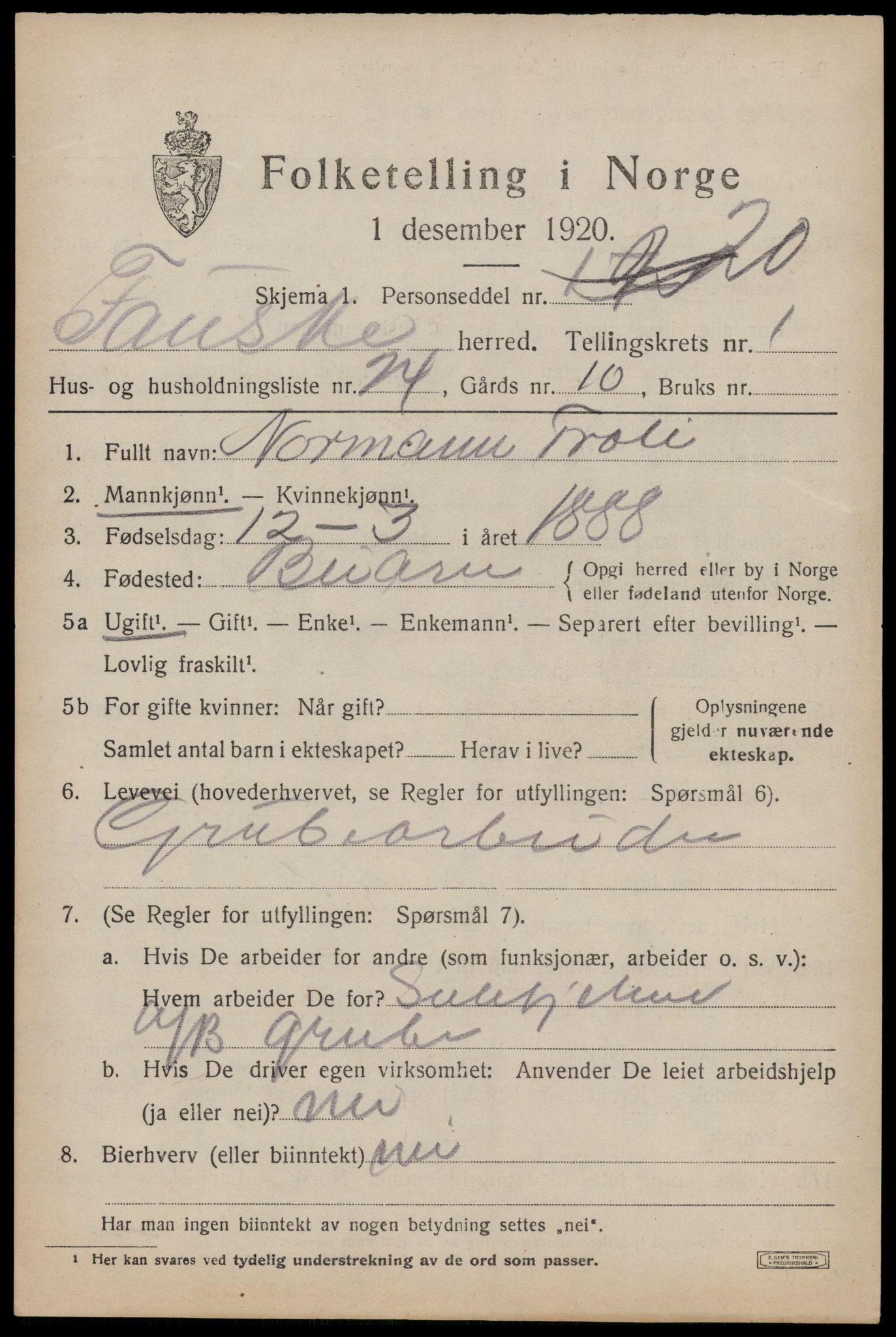 SAT, 1920 census for Fauske, 1920, p. 2896