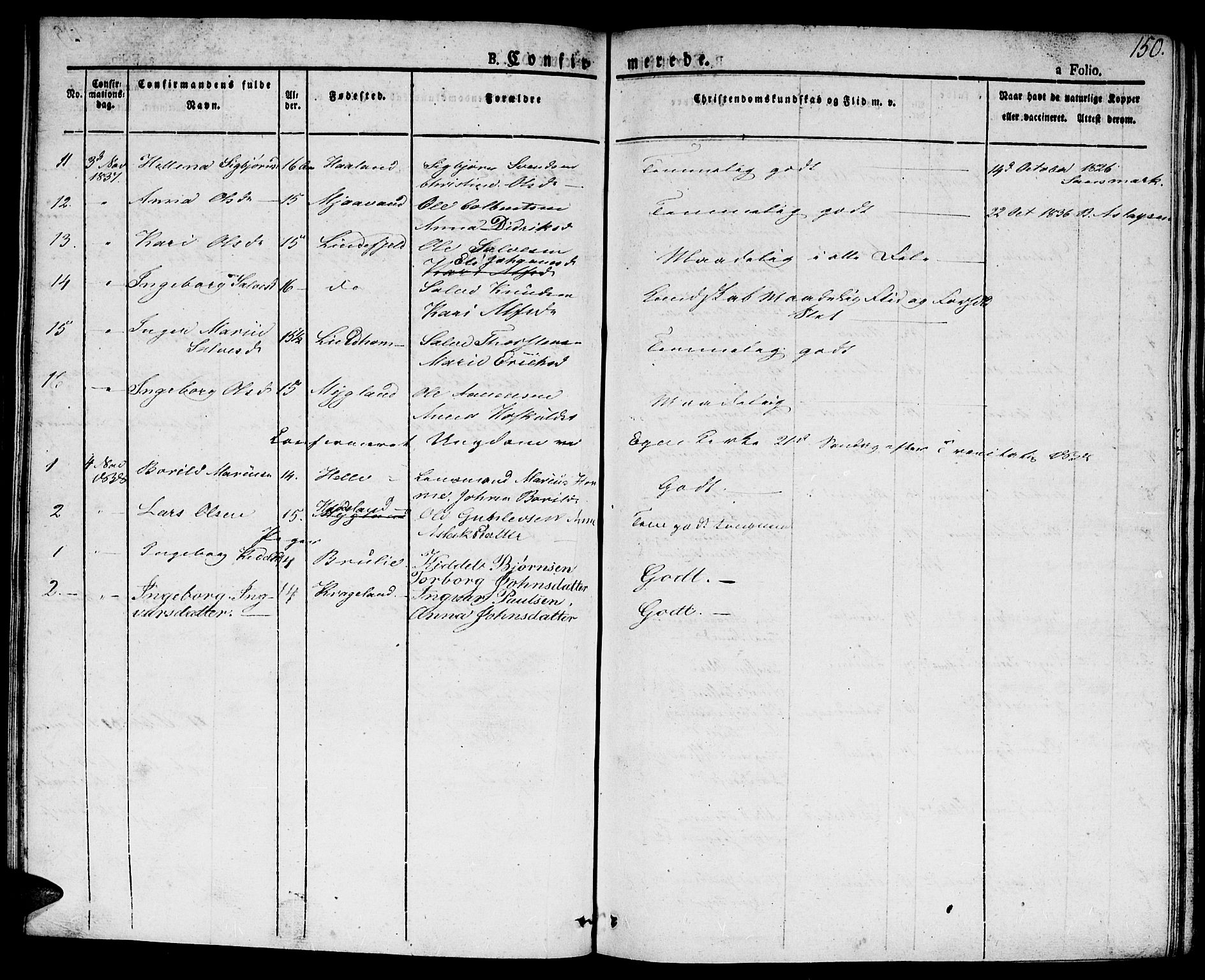 Hægebostad sokneprestkontor, AV/SAK-1111-0024/F/Fa/Faa/L0003: Parish register (official) no. A 3 /2, 1825-1840, p. 150