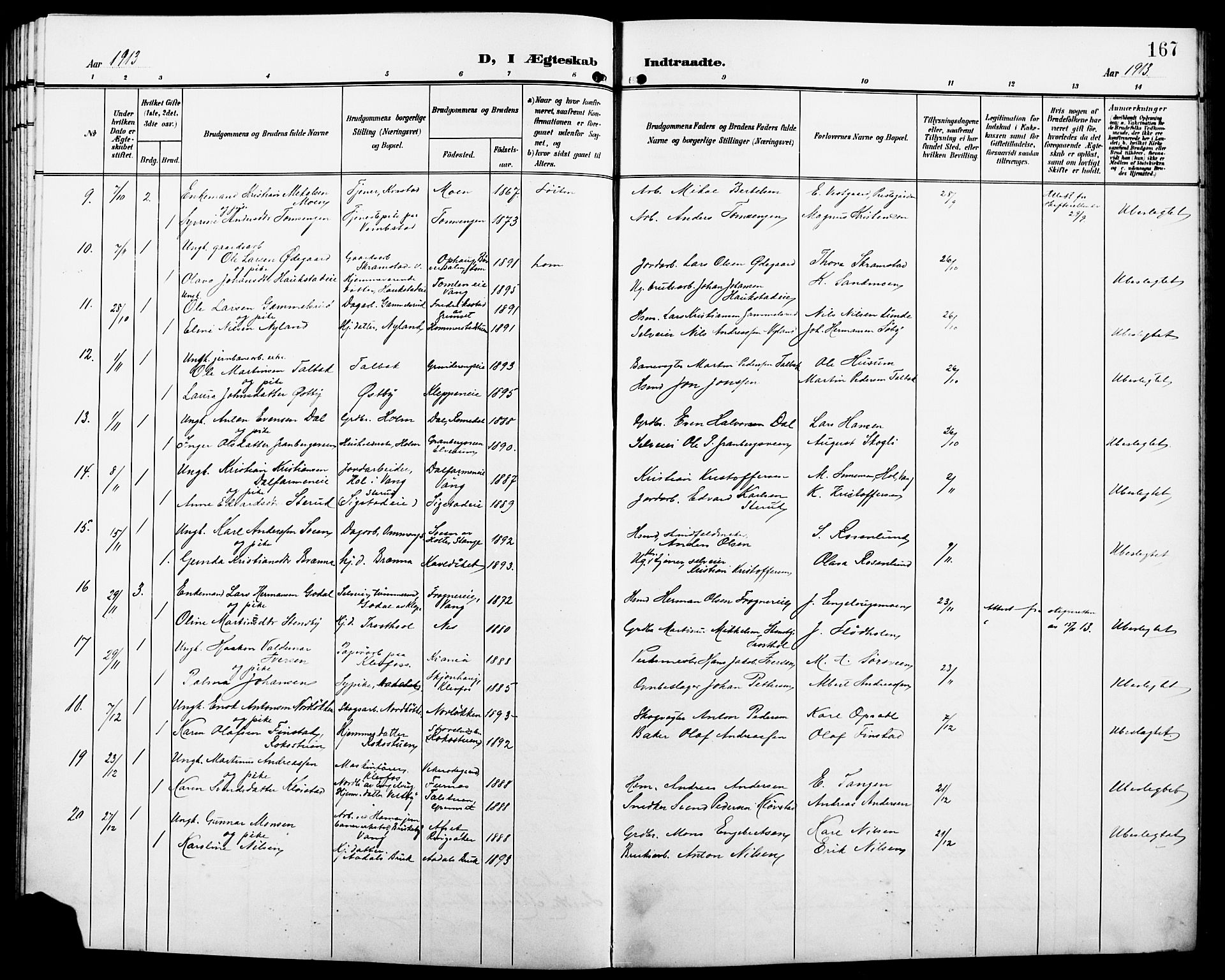 Løten prestekontor, SAH/PREST-022/L/La/L0007: Parish register (copy) no. 7, 1910-1919, p. 167