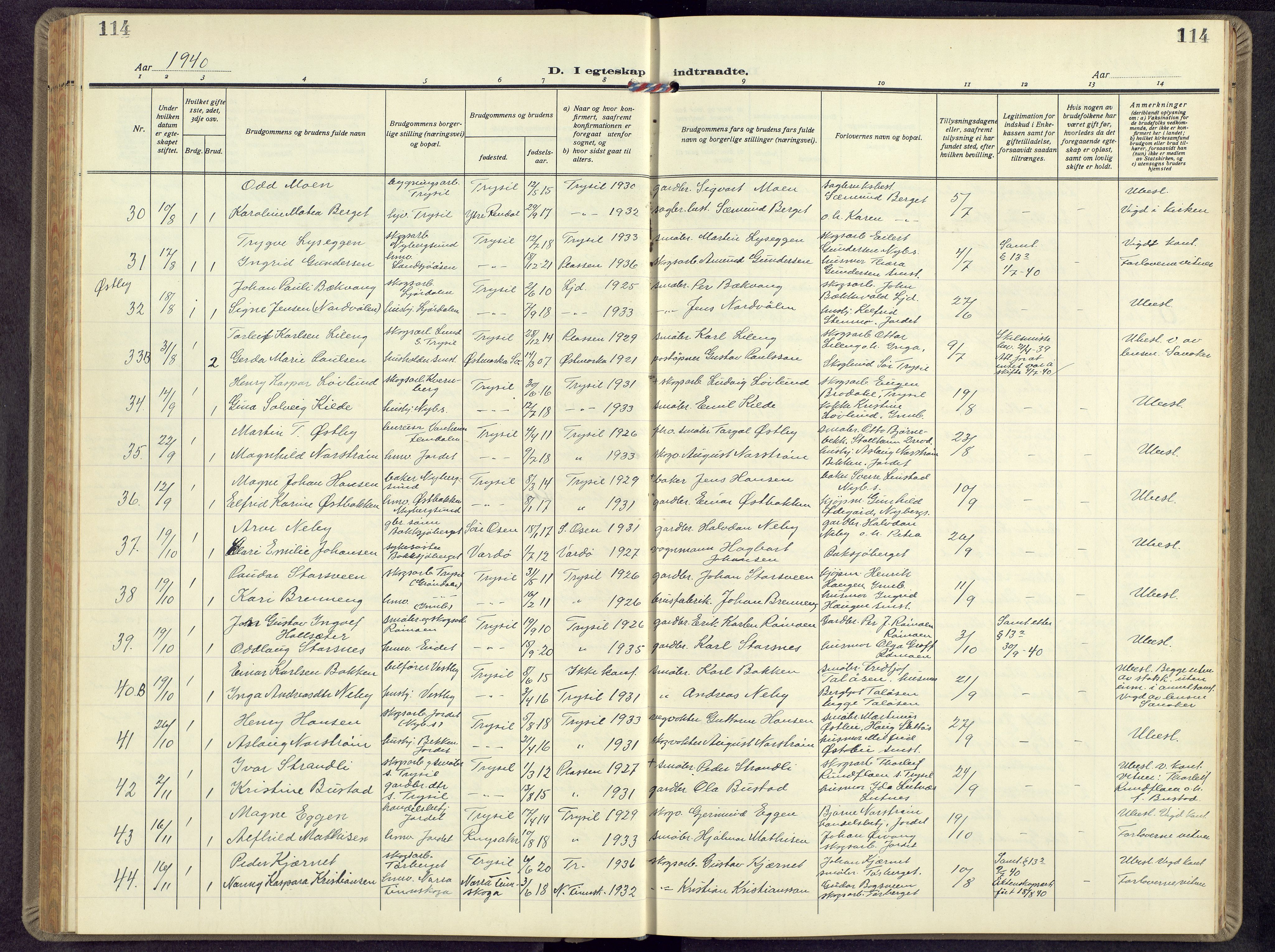 Trysil prestekontor, AV/SAH-PREST-046/H/Ha/Hab/L0012: Parish register (copy) no. 12, 1938-1959, p. 114