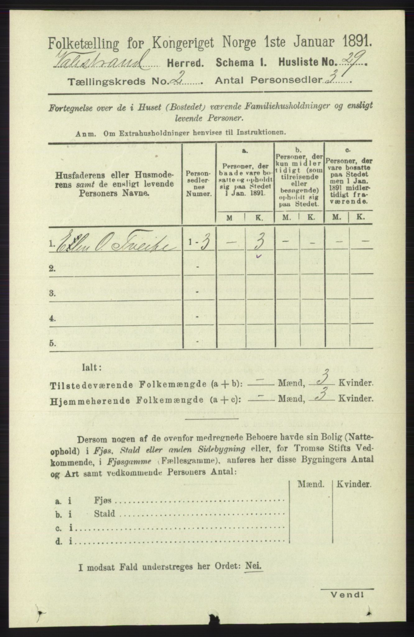 RA, 1891 census for 1217 Valestrand, 1891, p. 288