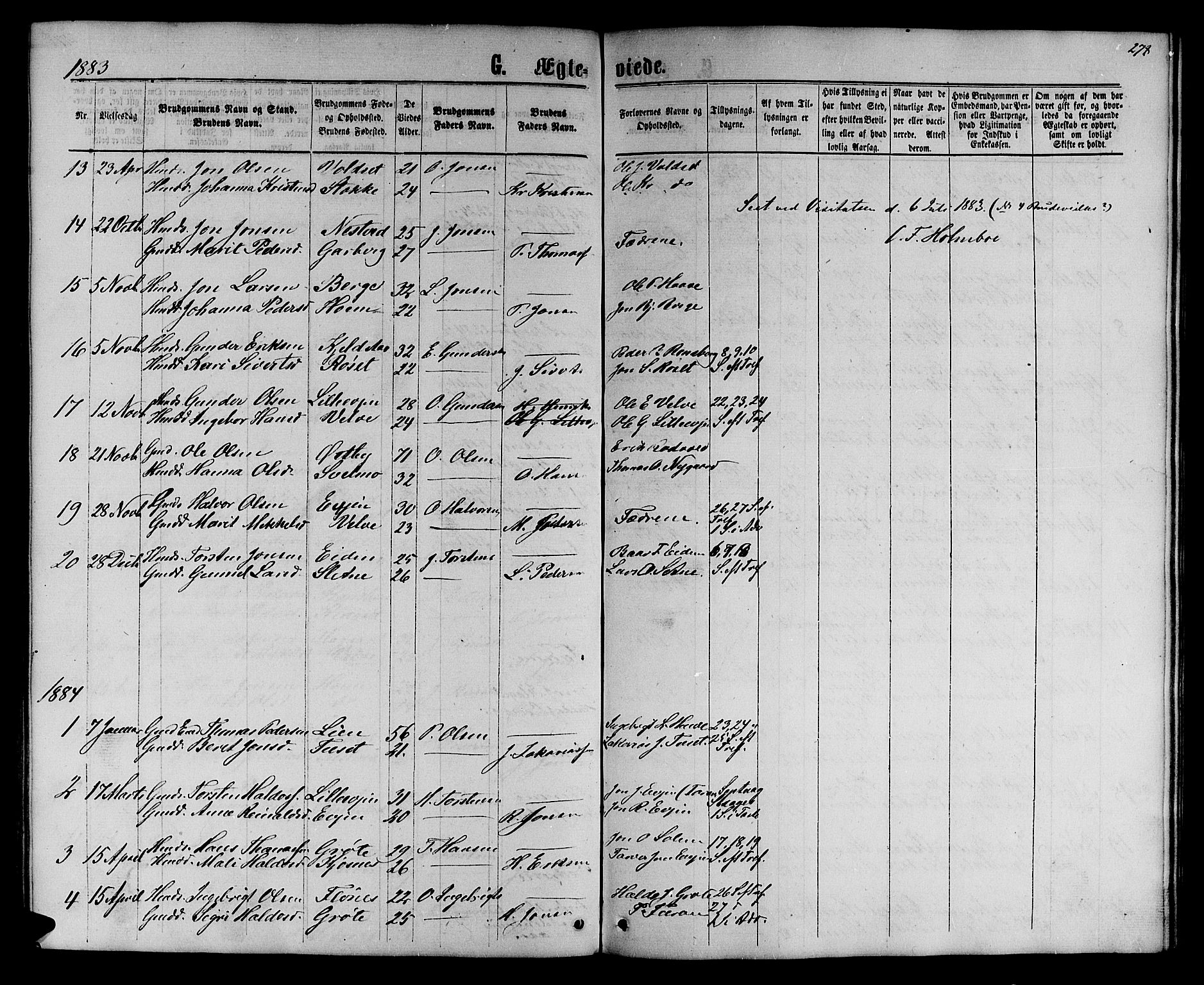 Ministerialprotokoller, klokkerbøker og fødselsregistre - Sør-Trøndelag, AV/SAT-A-1456/695/L1156: Parish register (copy) no. 695C07, 1869-1888, p. 278