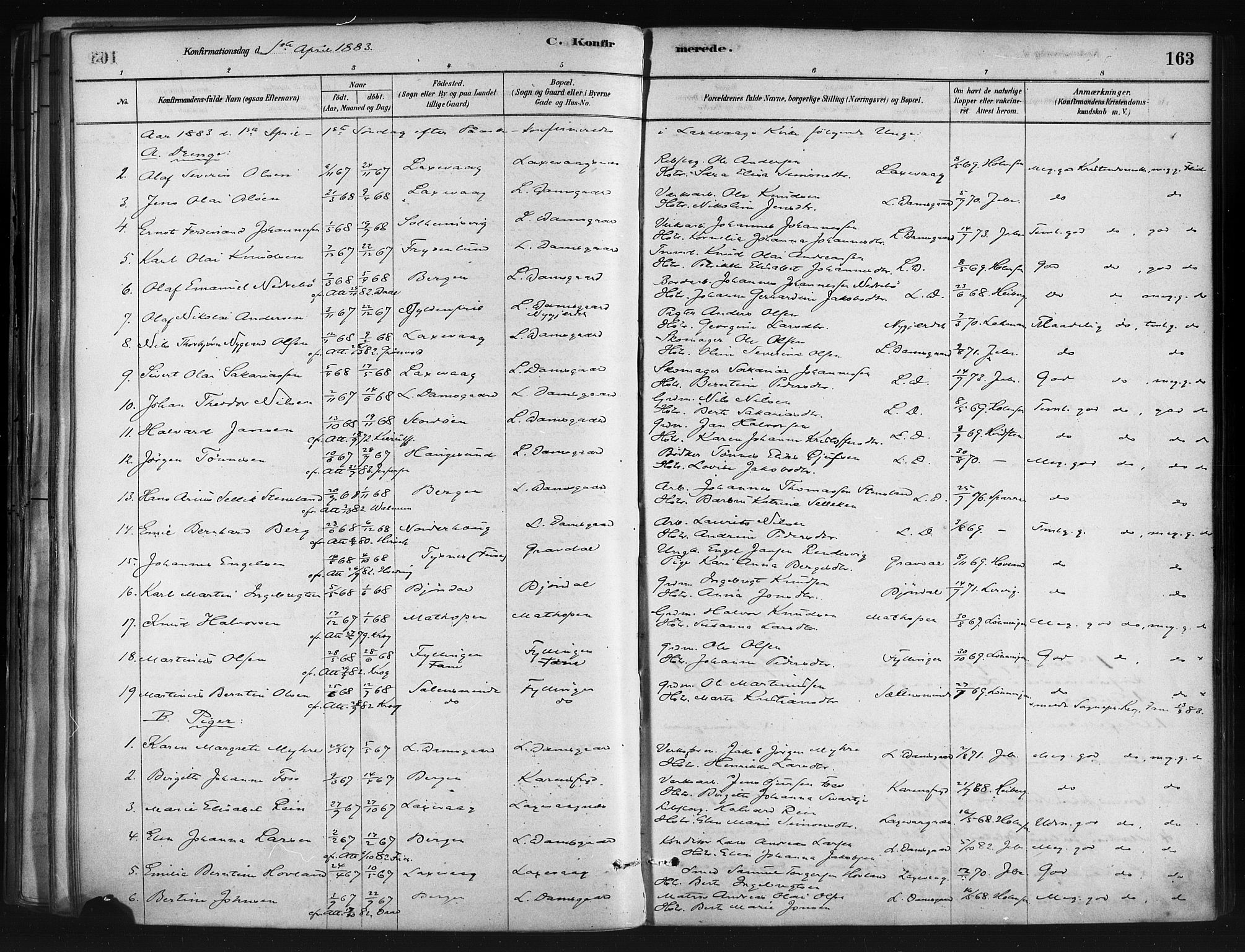 Askøy Sokneprestembete, AV/SAB-A-74101/H/Ha/Haa/Haae/L0002: Parish register (official) no. E 2, 1878-1891, p. 163