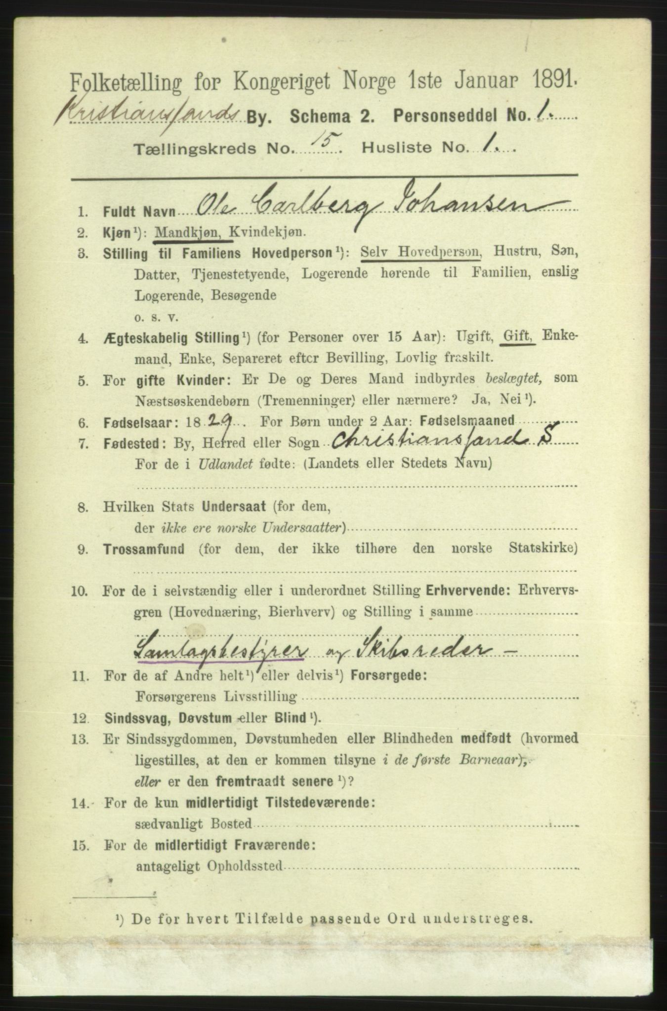 RA, 1891 census for 1001 Kristiansand, 1891, p. 6317