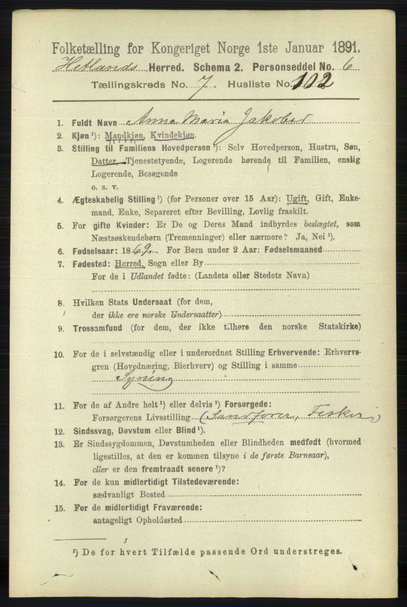 RA, 1891 census for 1126 Hetland, 1891, p. 4341