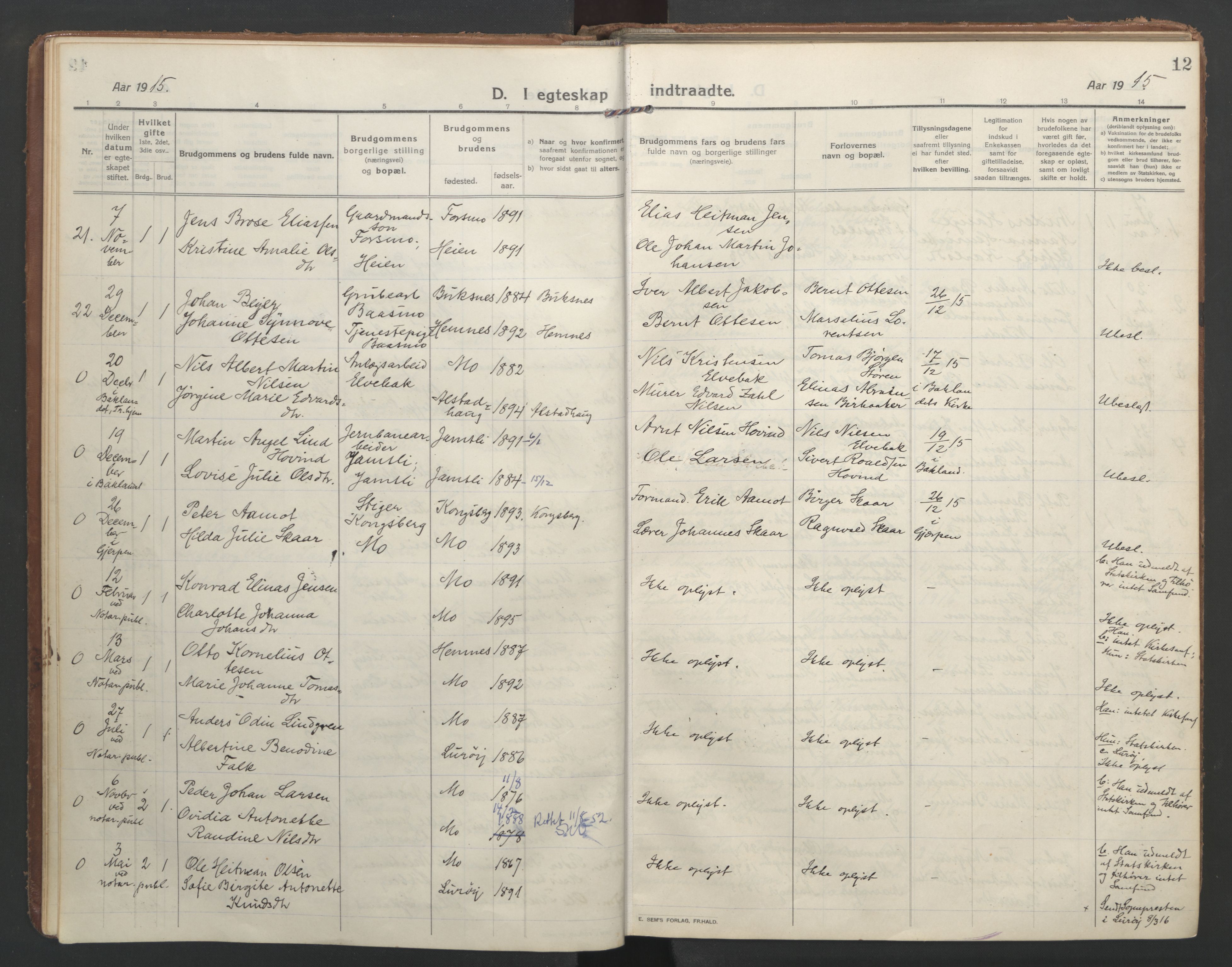 Ministerialprotokoller, klokkerbøker og fødselsregistre - Nordland, SAT/A-1459/827/L0405: Parish register (official) no. 827A17, 1912-1925, p. 12