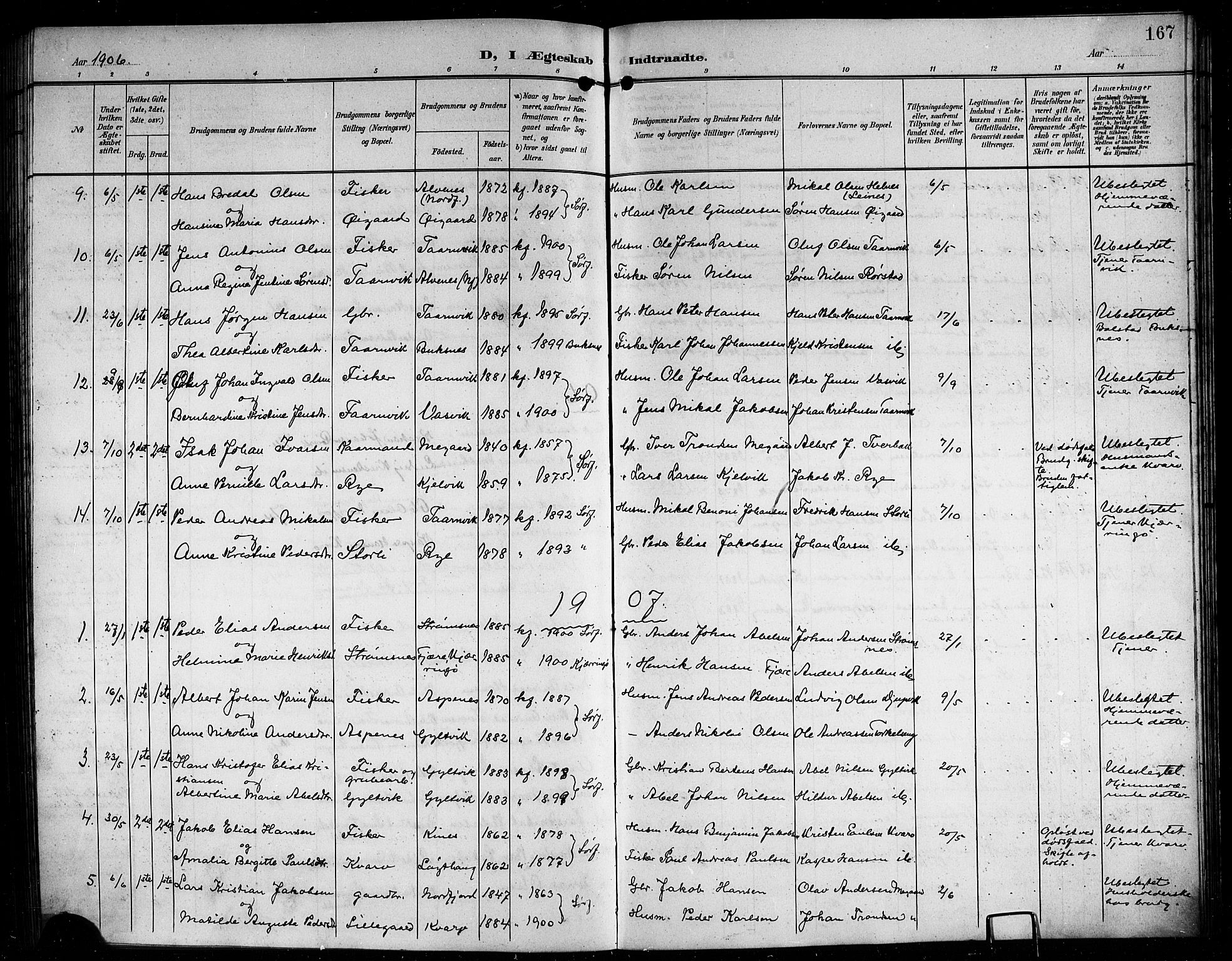 Ministerialprotokoller, klokkerbøker og fødselsregistre - Nordland, AV/SAT-A-1459/854/L0786: Parish register (copy) no. 854C02, 1901-1912, p. 167
