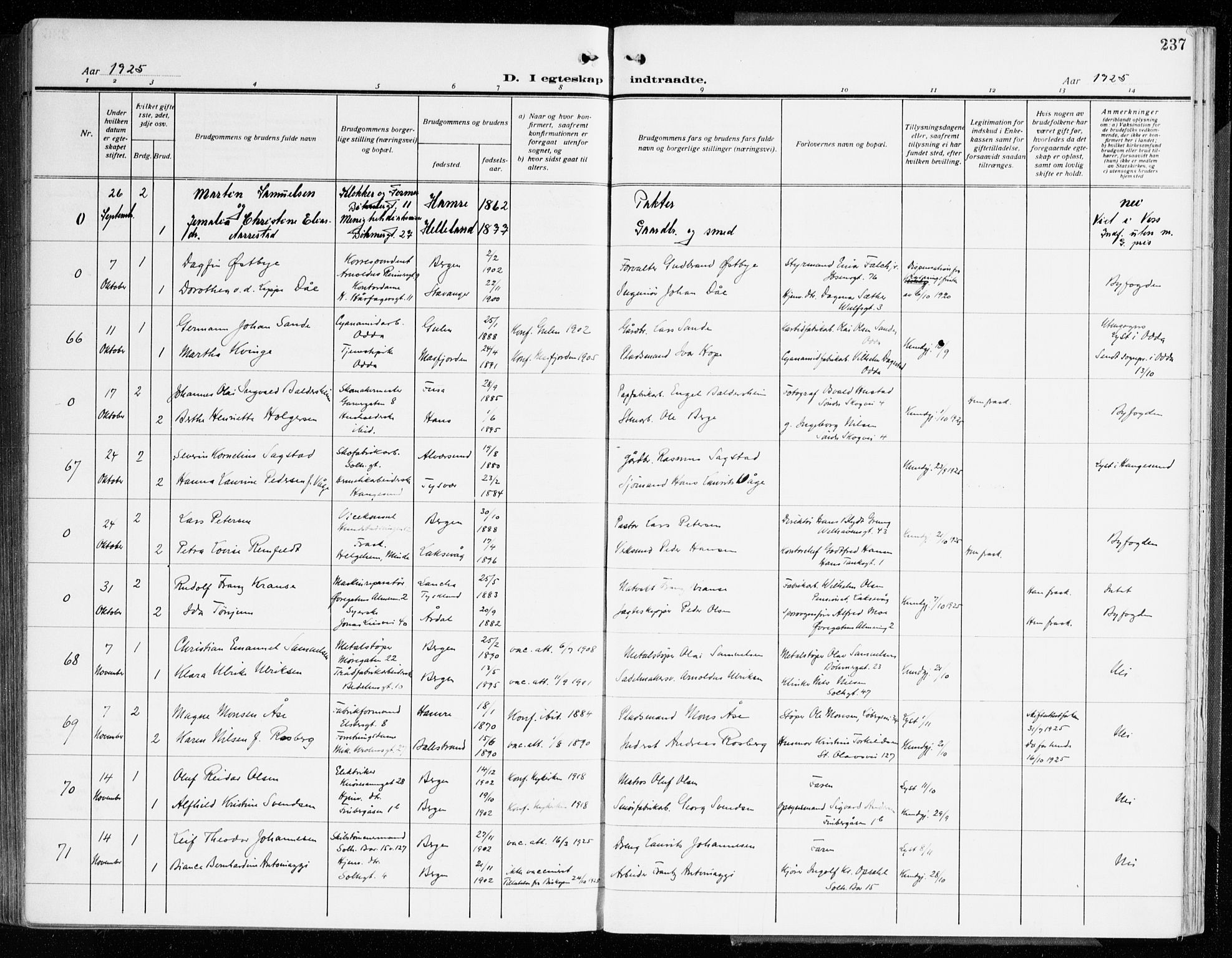 Årstad Sokneprestembete, AV/SAB-A-79301/H/Haa/L0004: Parish register (official) no. A 4, 1919-1928, p. 237