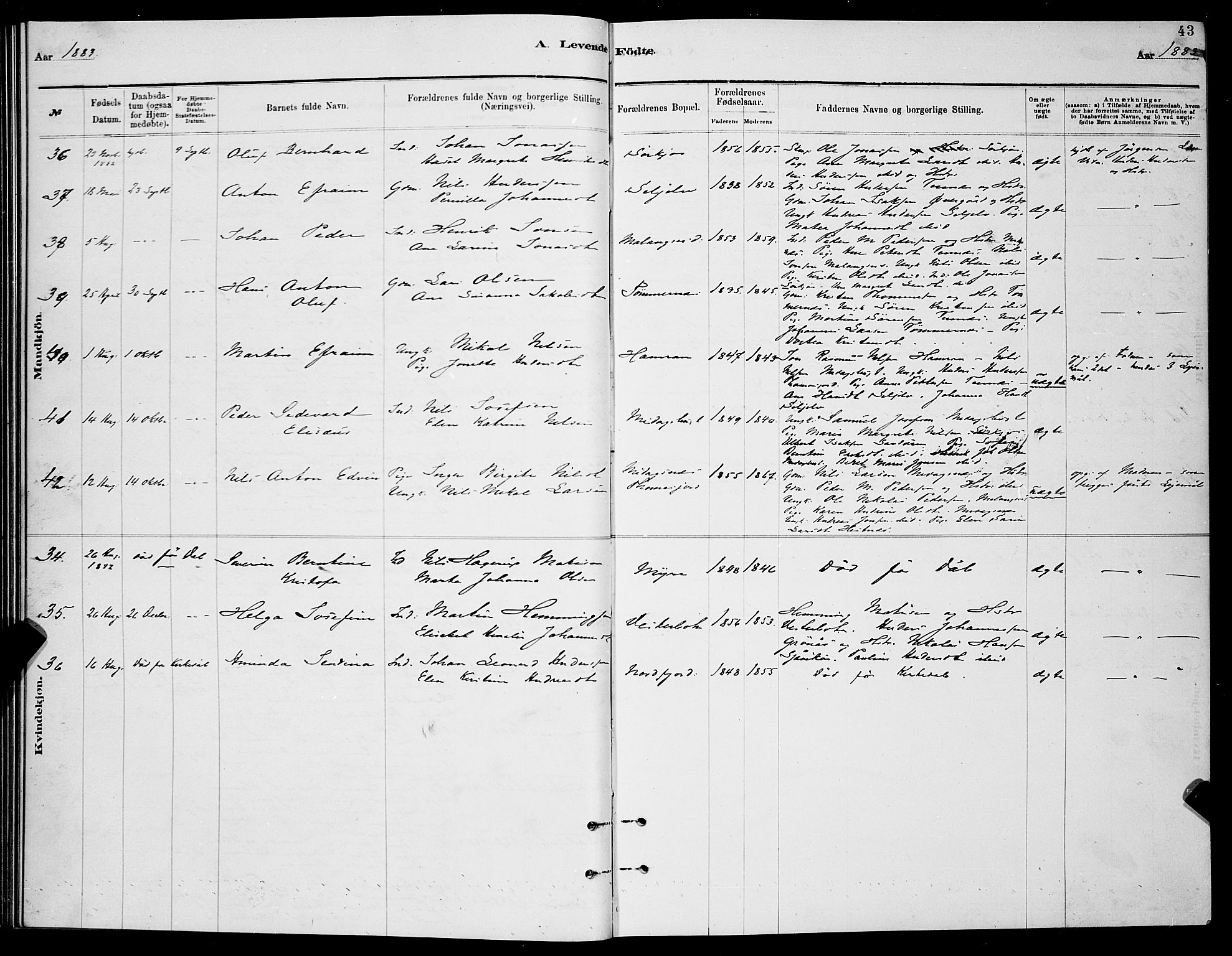 Balsfjord sokneprestembete, AV/SATØ-S-1303/G/Ga/L0007klokker: Parish register (copy) no. 7, 1878-1889, p. 43