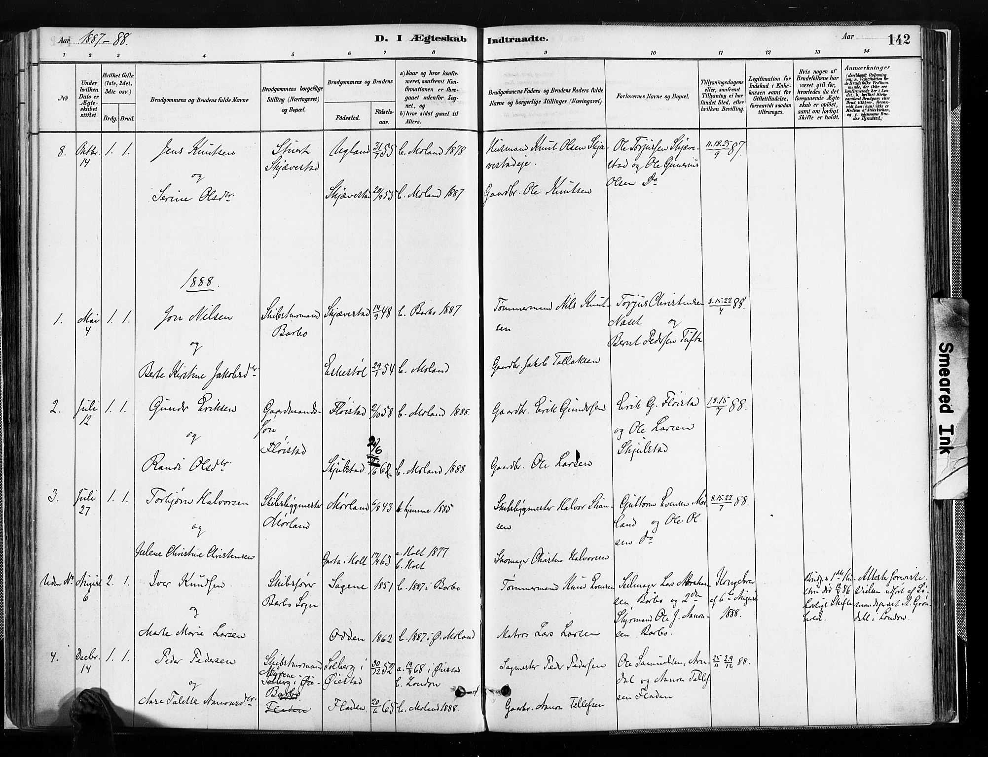 Austre Moland sokneprestkontor, SAK/1111-0001/F/Fa/Faa/L0010: Parish register (official) no. A 10, 1880-1904, p. 142