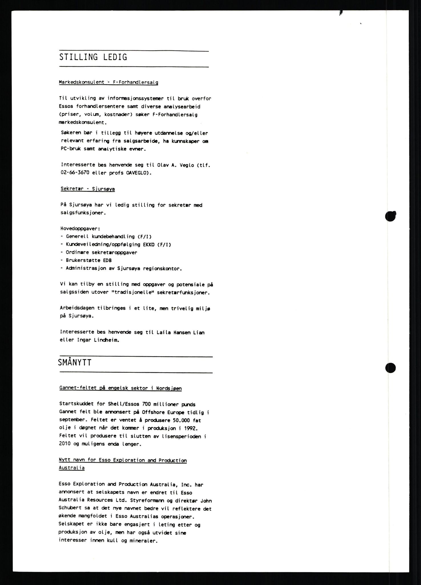 Pa 0982 - Esso Norge A/S, AV/SAST-A-100448/X/Xd/L0003: Ukenytt, 1987-1991