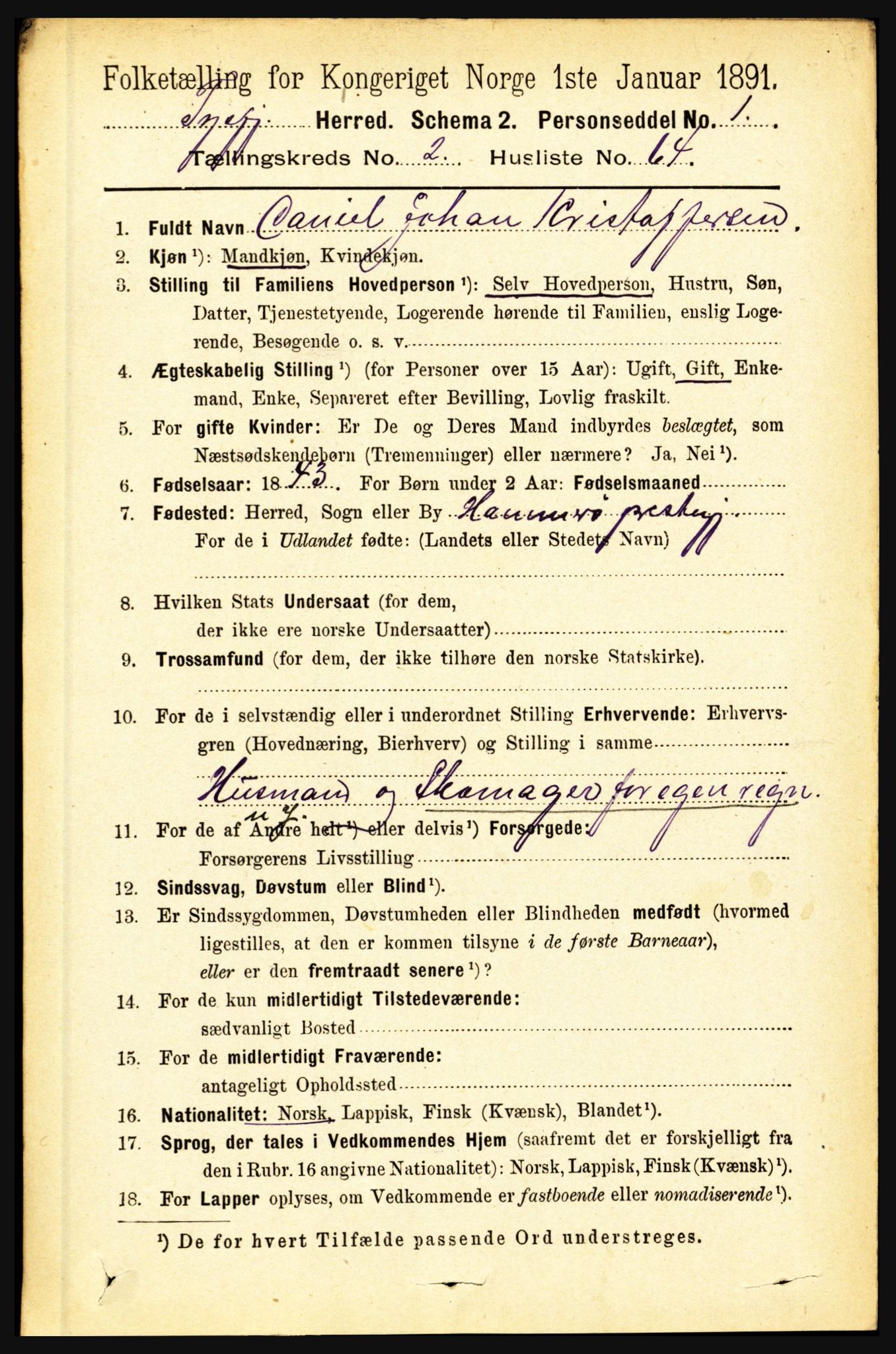 RA, 1891 census for 1850 Tysfjord, 1891, p. 990