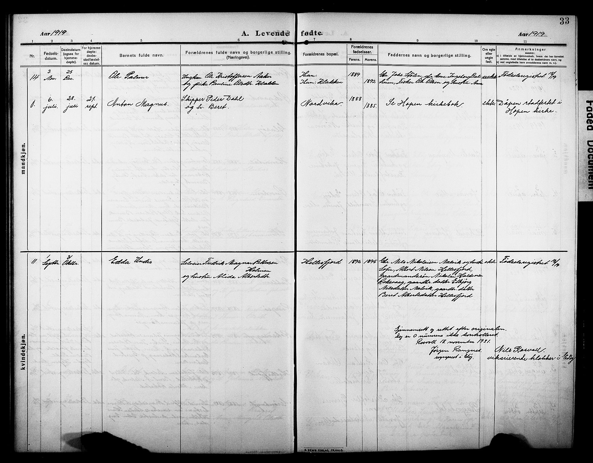Ministerialprotokoller, klokkerbøker og fødselsregistre - Møre og Romsdal, SAT/A-1454/581/L0943: Parish register (copy) no. 581C01, 1909-1931, p. 33
