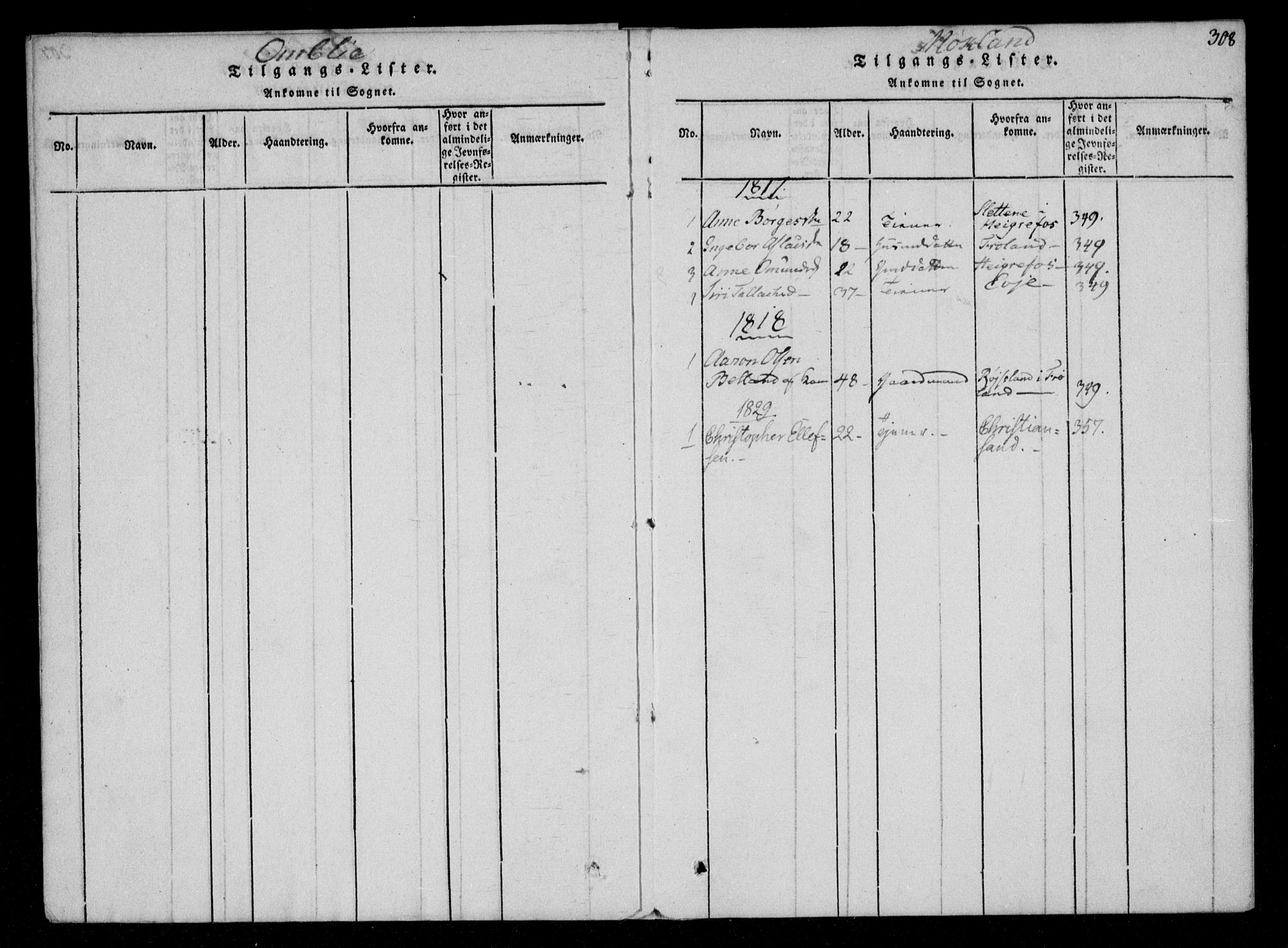 Åmli sokneprestkontor, AV/SAK-1111-0050/F/Fa/Fac/L0006: Parish register (official) no. A 6, 1816-1829, p. 308