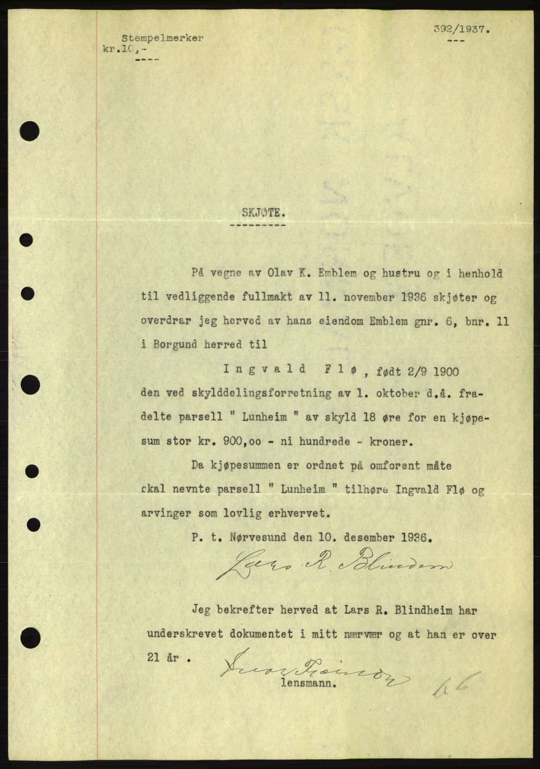 Nordre Sunnmøre sorenskriveri, AV/SAT-A-0006/1/2/2C/2Ca: Mortgage book no. A2, 1936-1937, Diary no: : 392/1937