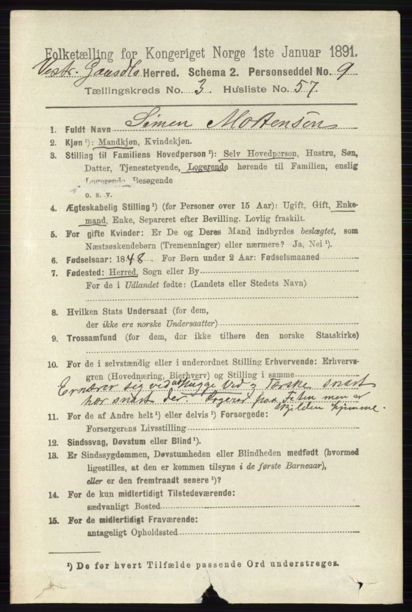 RA, 1891 census for 0523 Vestre Gausdal, 1891, p. 1637