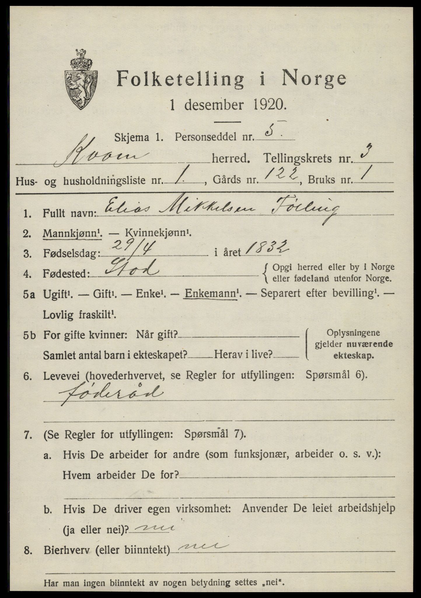 SAT, 1920 census for Kvam, 1920, p. 809