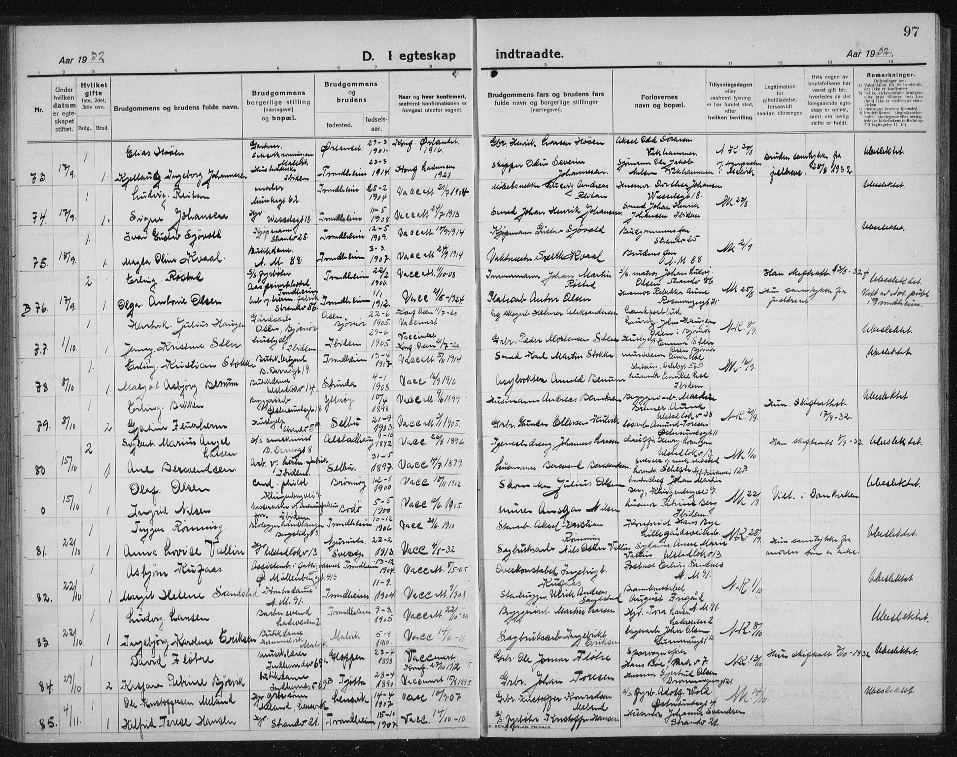 Ministerialprotokoller, klokkerbøker og fødselsregistre - Sør-Trøndelag, AV/SAT-A-1456/605/L0260: Parish register (copy) no. 605C07, 1922-1942, p. 97