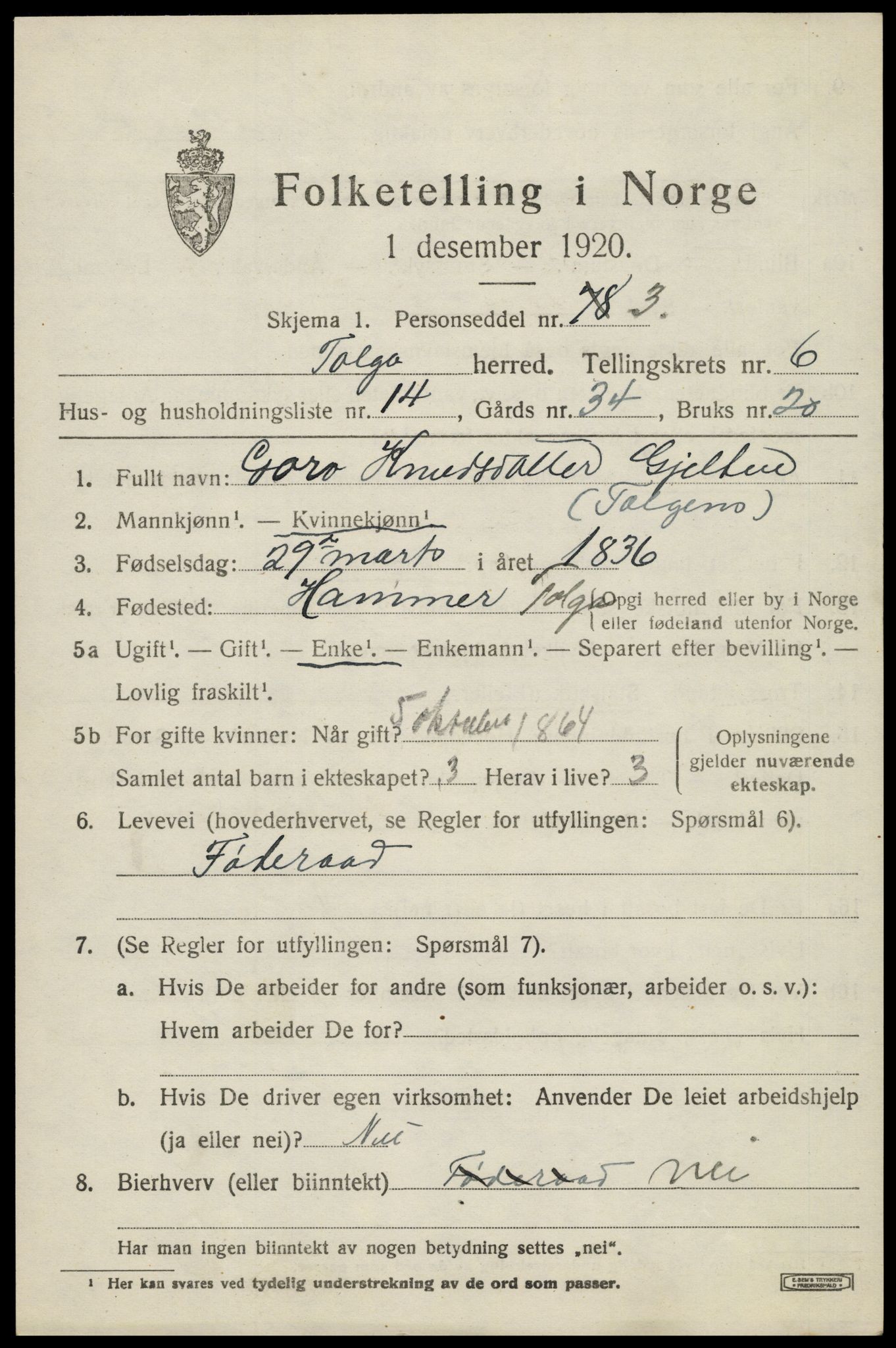 SAH, 1920 census for Tolga, 1920, p. 3779